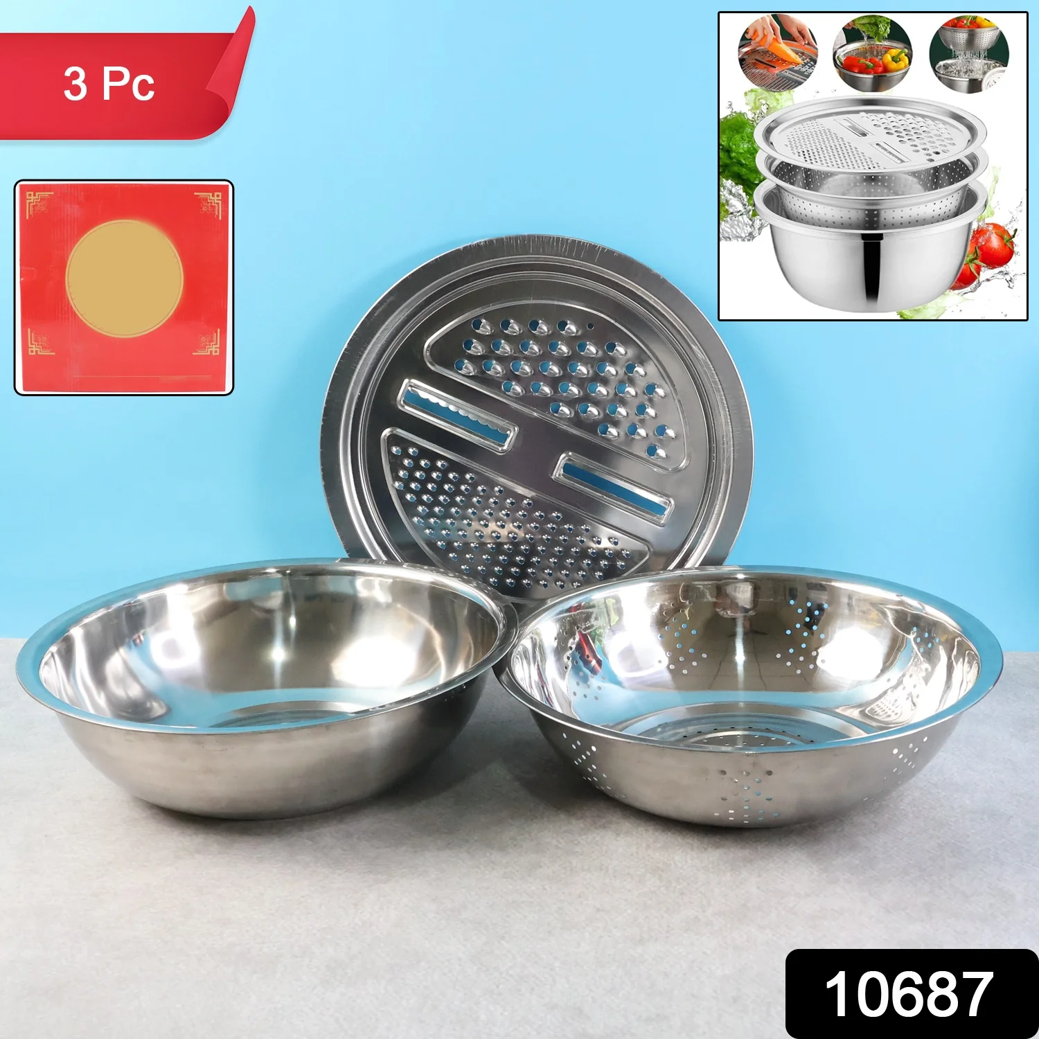 3-in-1 Stainless Steel Mixing, Straining & Grater Bowl Set - Image 2