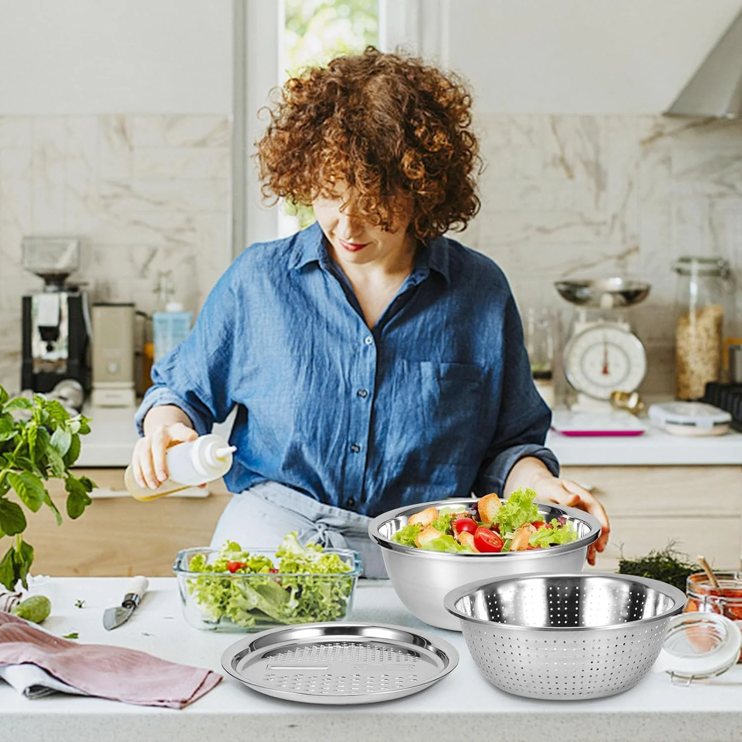 3-in-1 Stainless Steel Mixing, Straining & Grater Bowl Set - Image 3