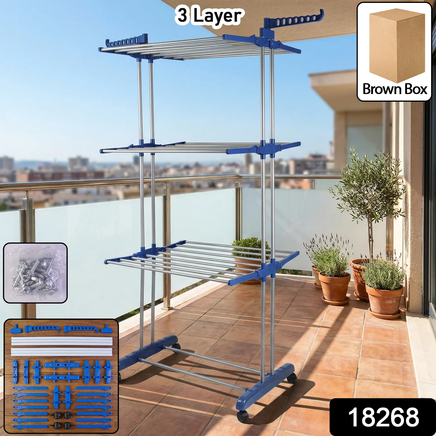 3 Layer Foldable Clothes Drying Stand Rack with Wheels (1 Pc) - Image 2