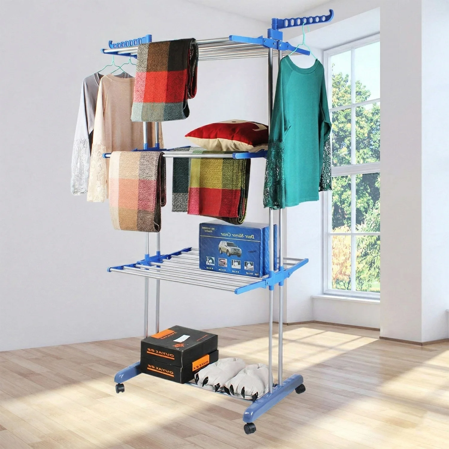 3 Layer Foldable Clothes Drying Stand Rack with Wheels (1 Pc) - Image 3