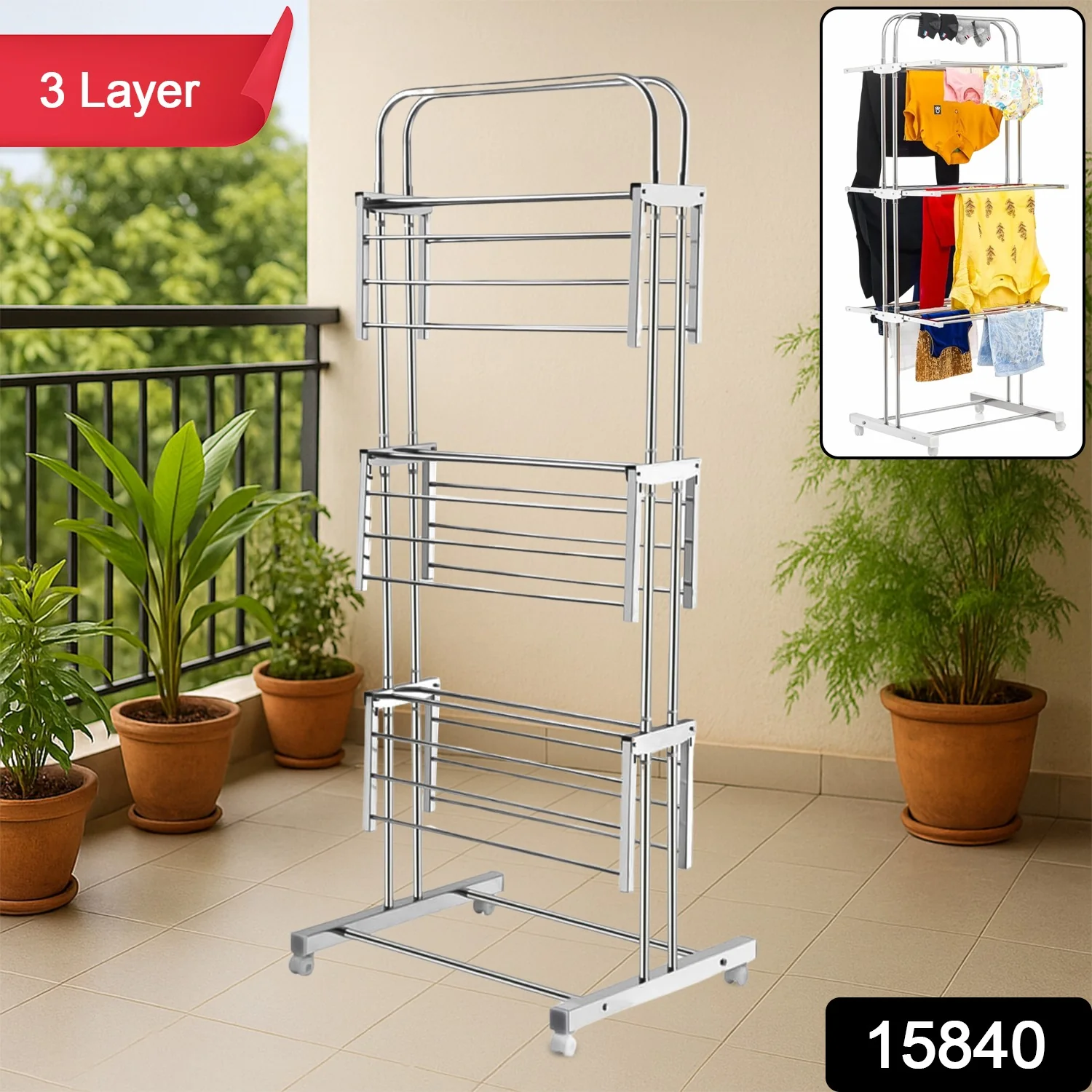 3 Layer Foldable Stainless Steel Cloth Drying Stand with Wheels - Image 2