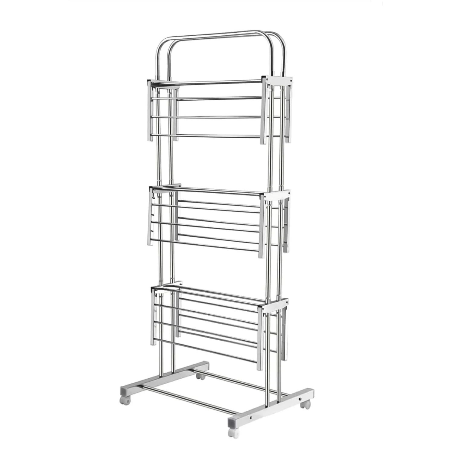 3 Layer Foldable Stainless Steel Cloth Drying Stand with Wheels - Image 5