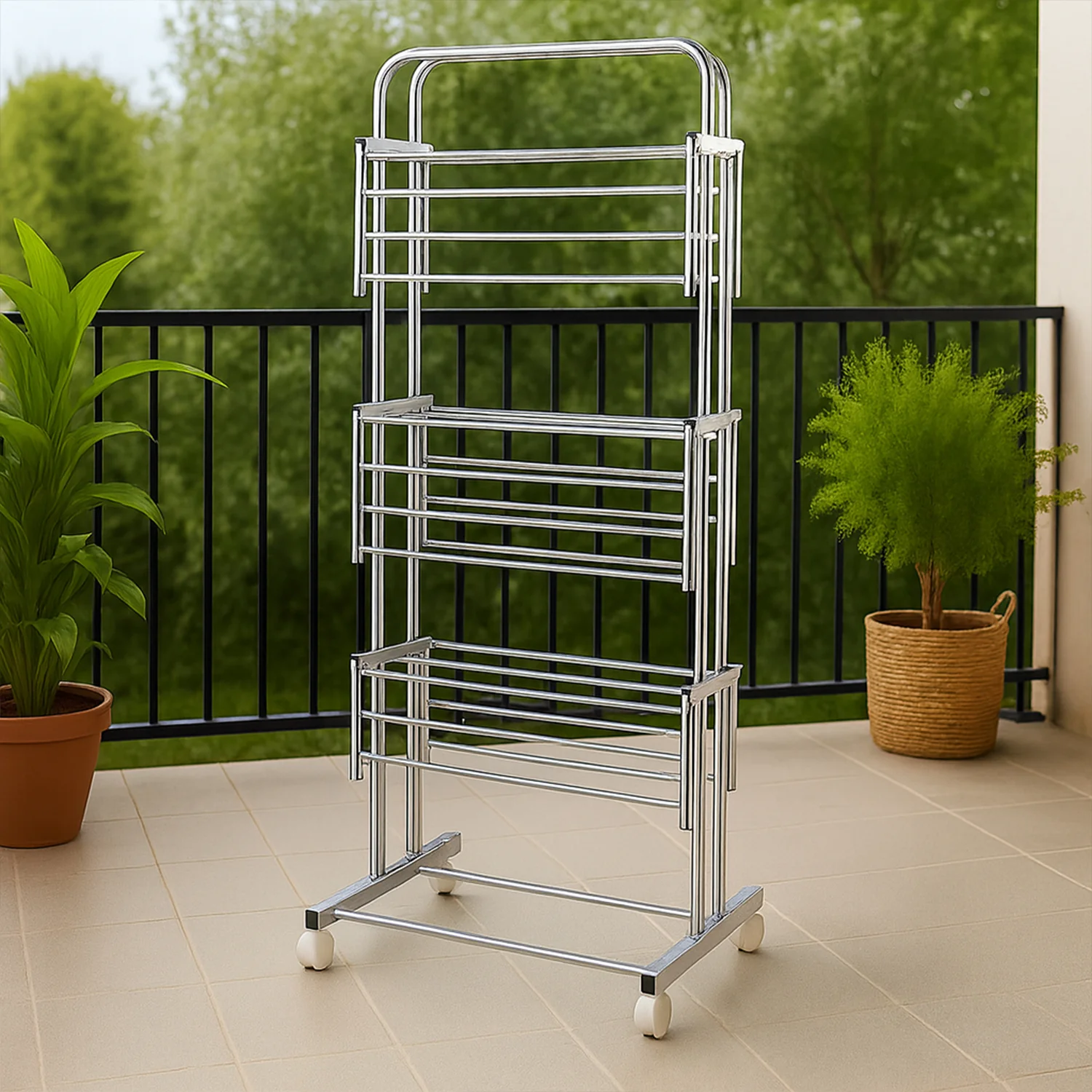 3 Layer Foldable Stainless Steel Cloth Drying Stand with Wheels - Image 7