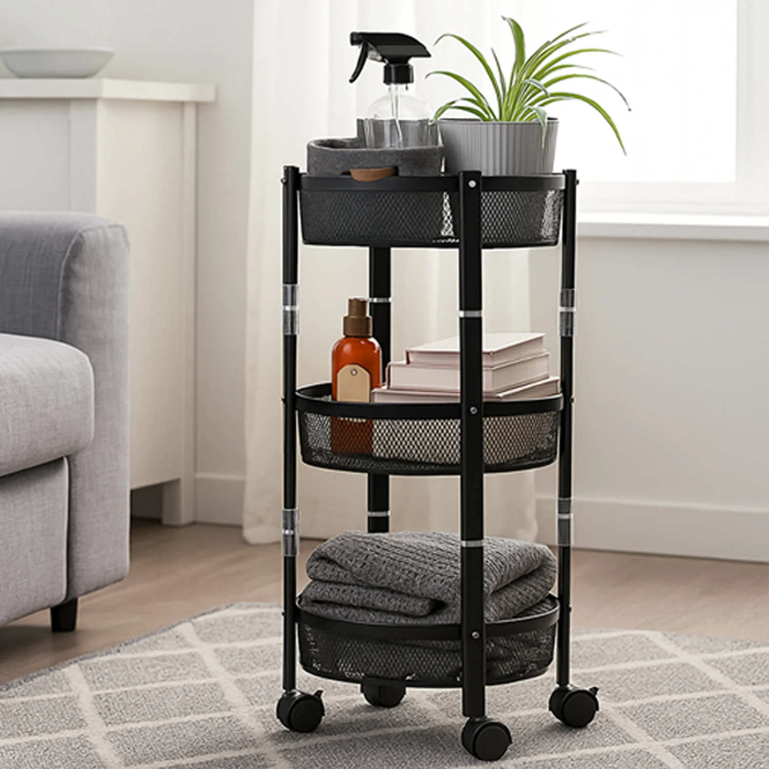 3-Layer Round Metal Mesh Utility Storage Trolley with Wheels - Image 3