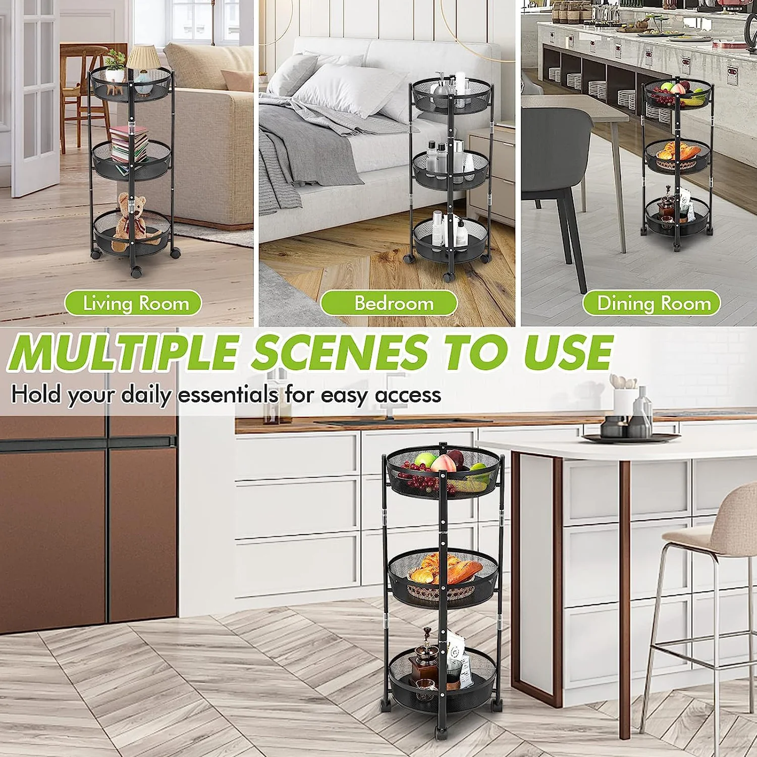 3-Layer Round Metal Mesh Utility Storage Trolley with Wheels - Image 4