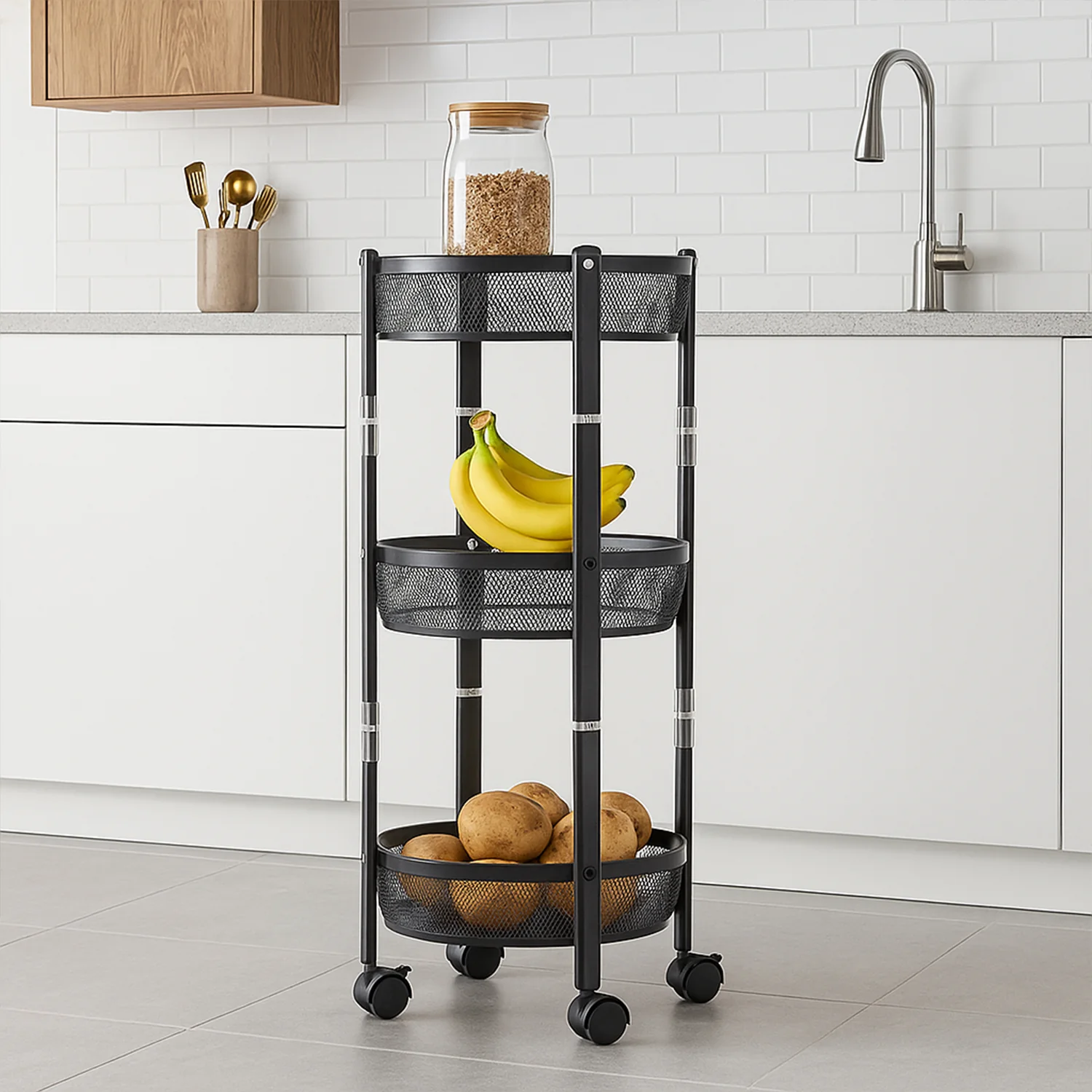 3-Layer Round Metal Mesh Utility Storage Trolley with Wheels - Image 6