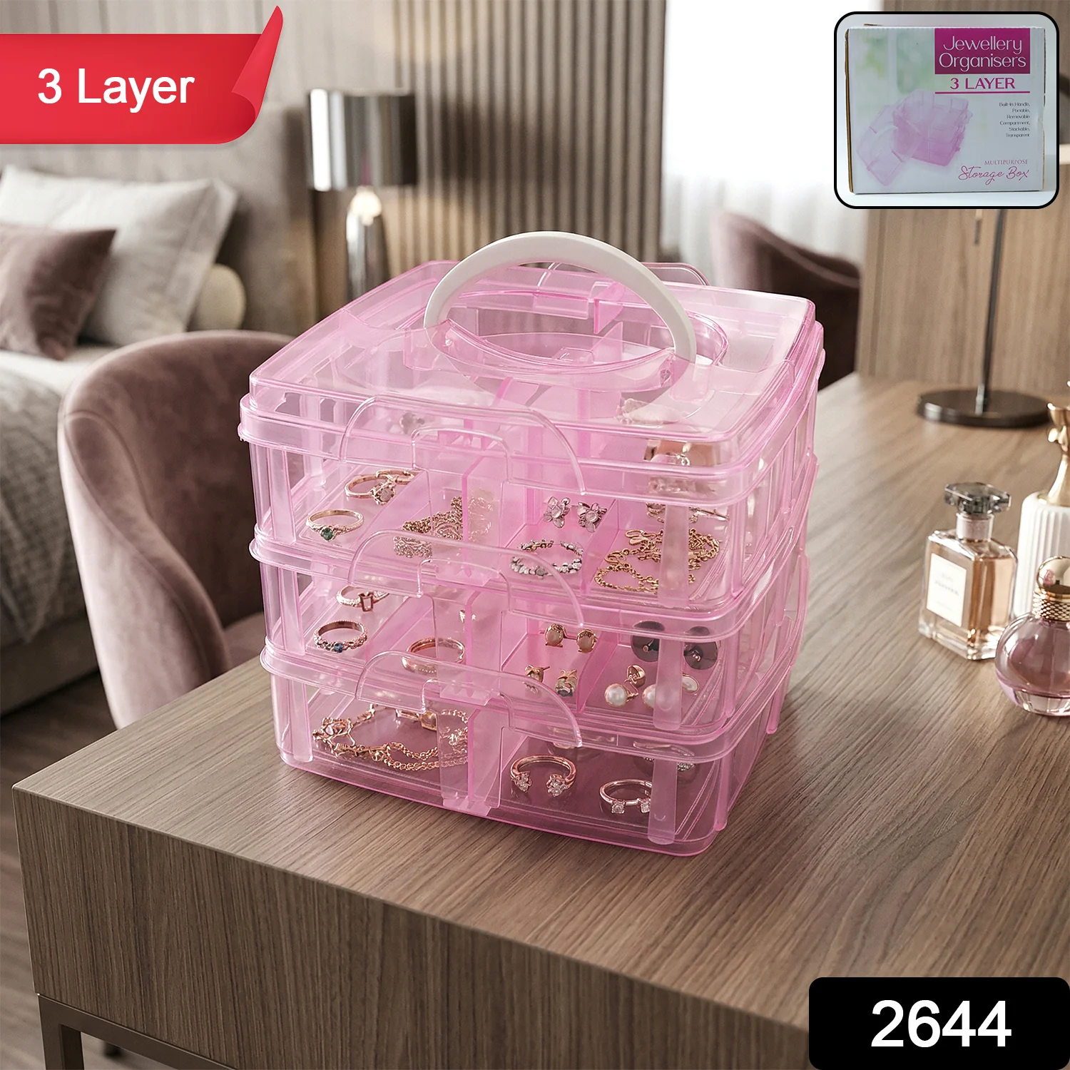3-Tier Transparent Craft Storage Box with 18 Adjustable Compartments - Image 2