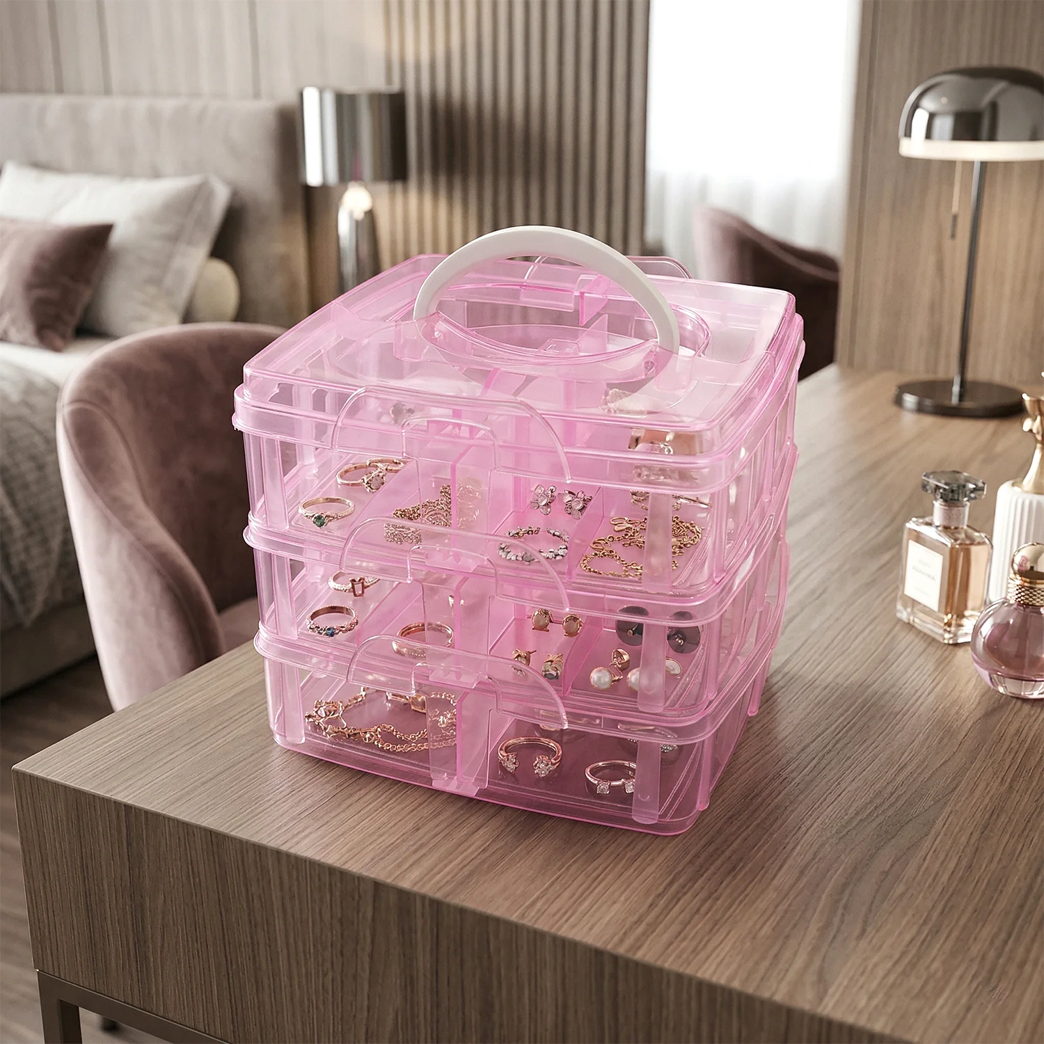 3-Tier Transparent Craft Storage Box with 18 Adjustable Compartments - Image 3