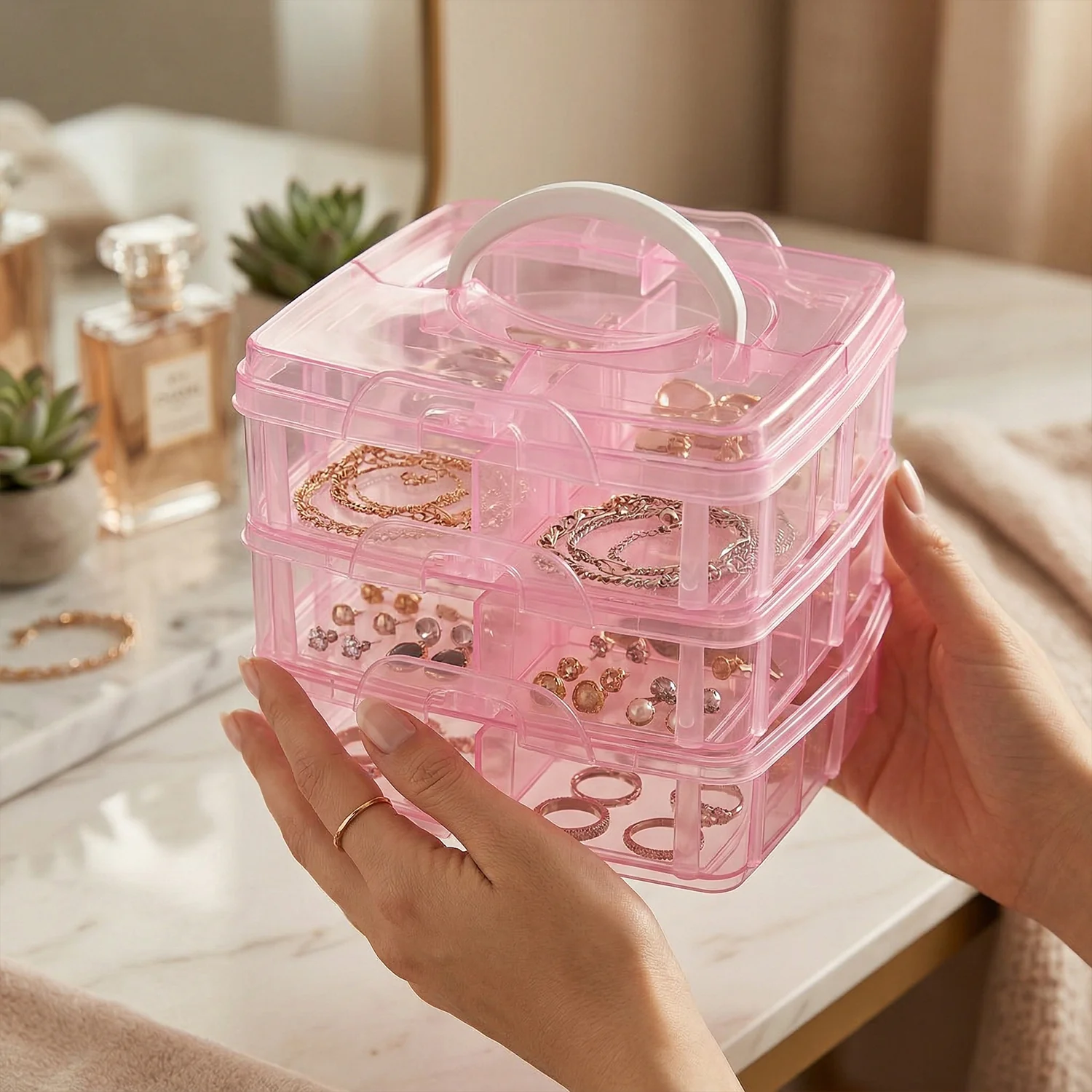3-Tier Transparent Craft Storage Box with 18 Adjustable Compartments - Image 8