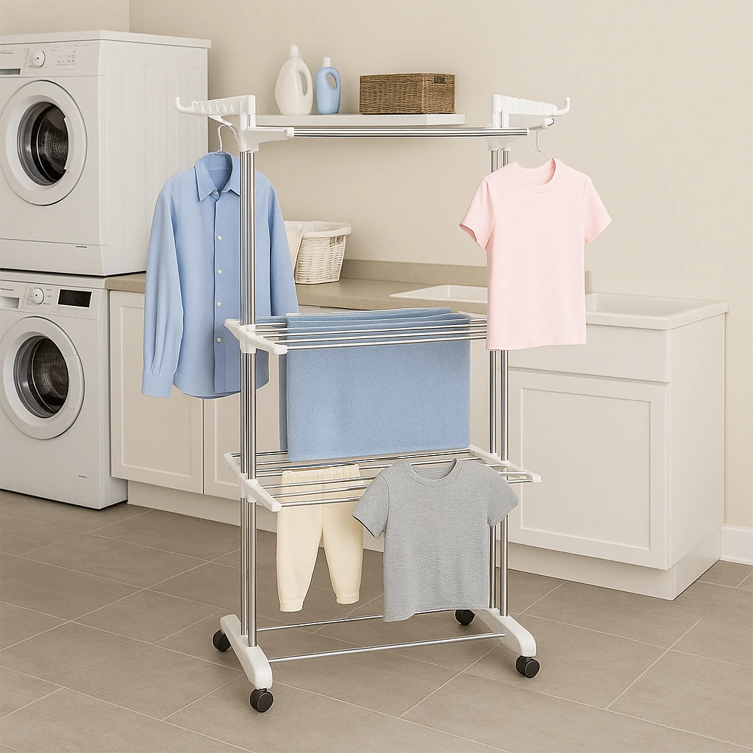 3-Tier Foldable Stainless Steel Cloth Drying Stand with Wheels - Image 3