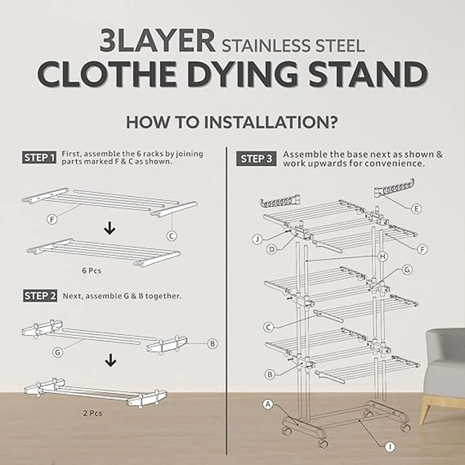 3-Tier Foldable Stainless Steel Cloth Drying Stand with Wheels - Image 4