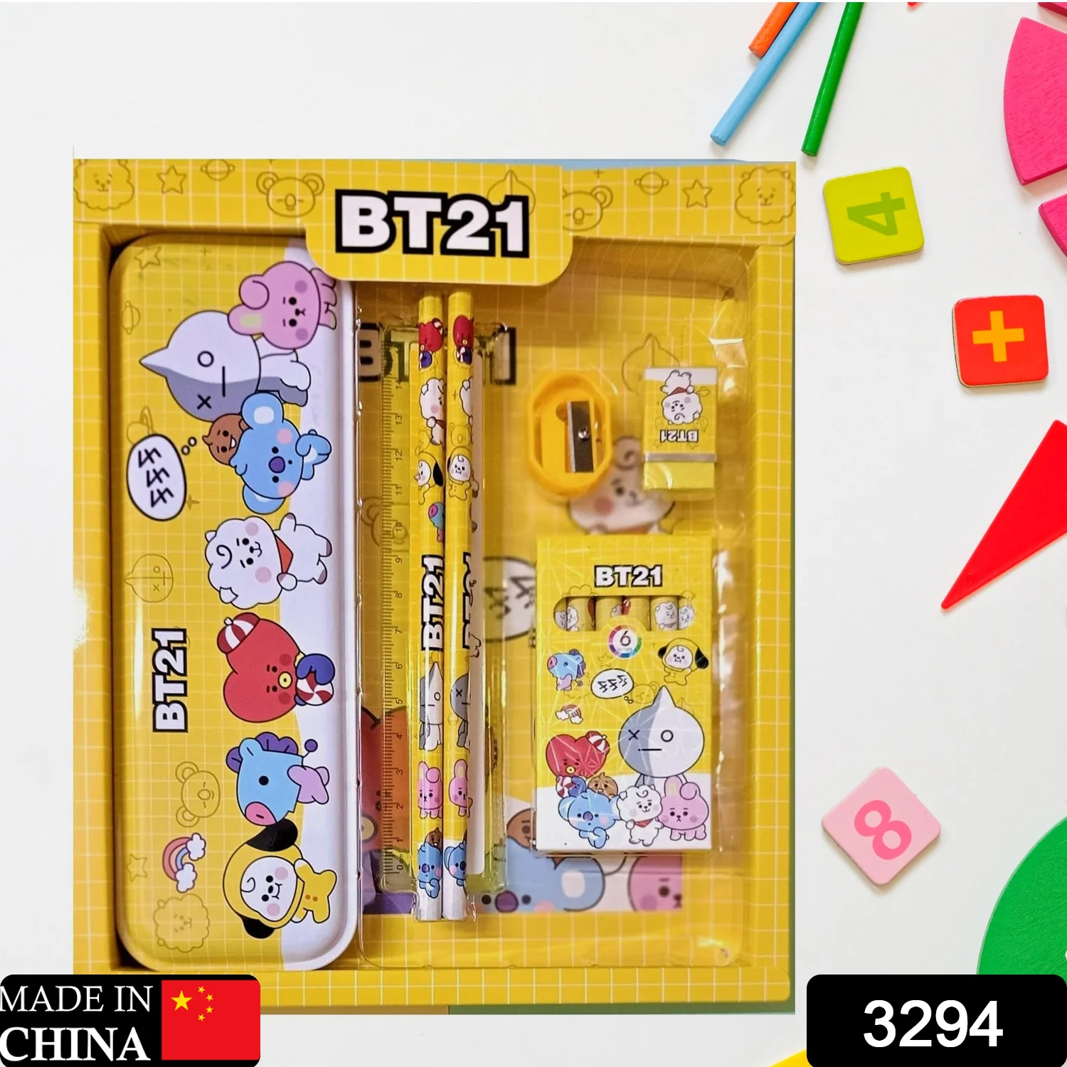 Stationery Kit for Kids - Metal Pencil Box, Sharpener, Pencil & Eraser (12 Pc Set) - Image 2
