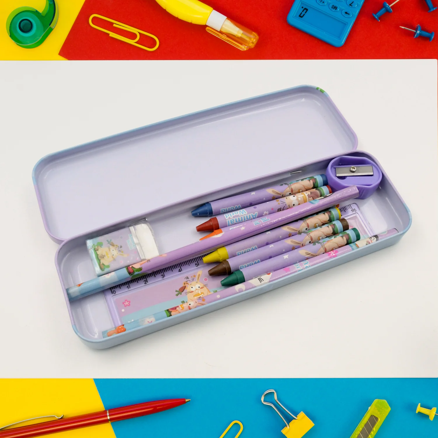 Stationery Kit for Kids - Metal Pencil Box, Sharpener, Pencil & Eraser (12 Pc Set) - Image 8