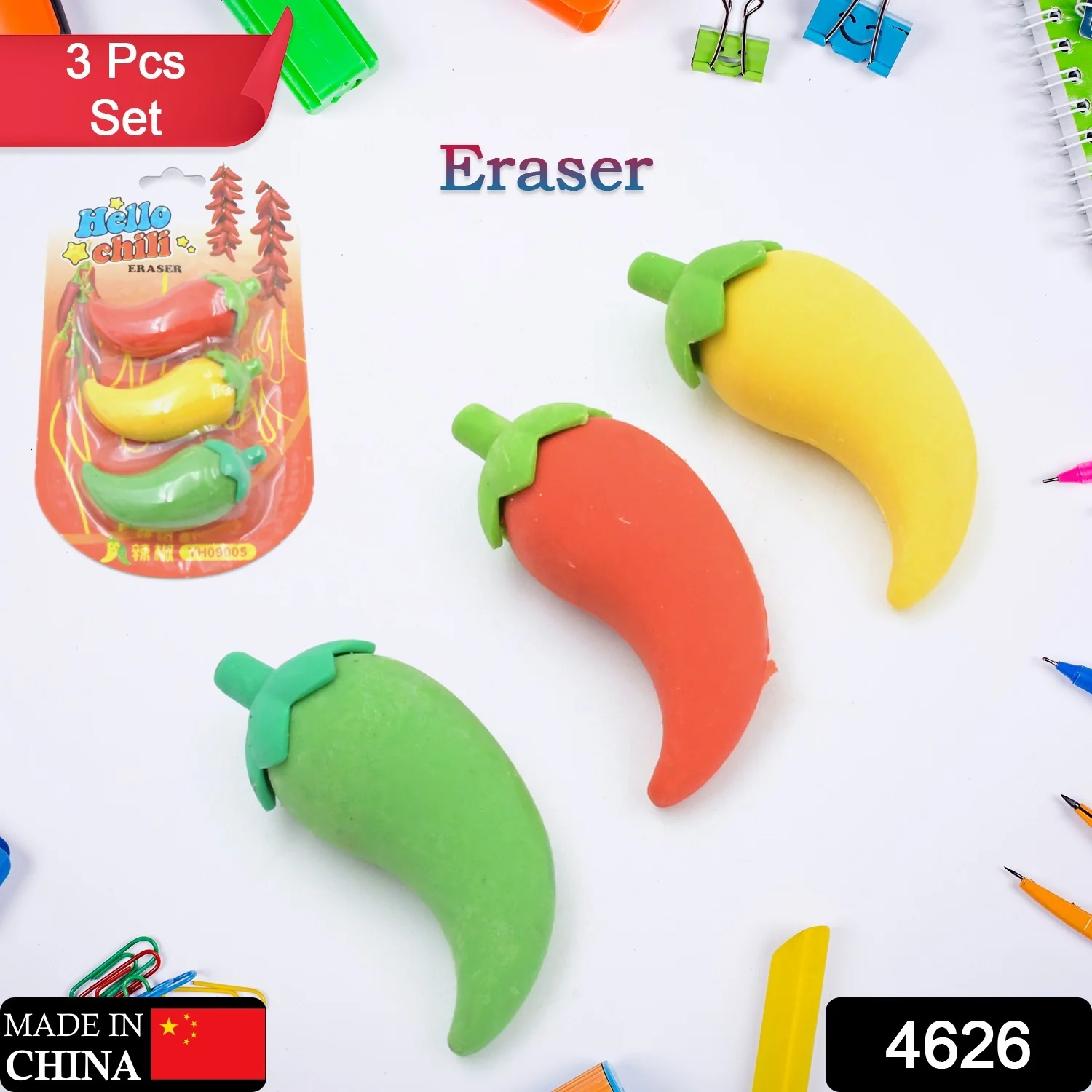 3D Fancy Colorful Chili Shape Erasers – Mini Novelty Eraser Set (3 Pc) - Image 2