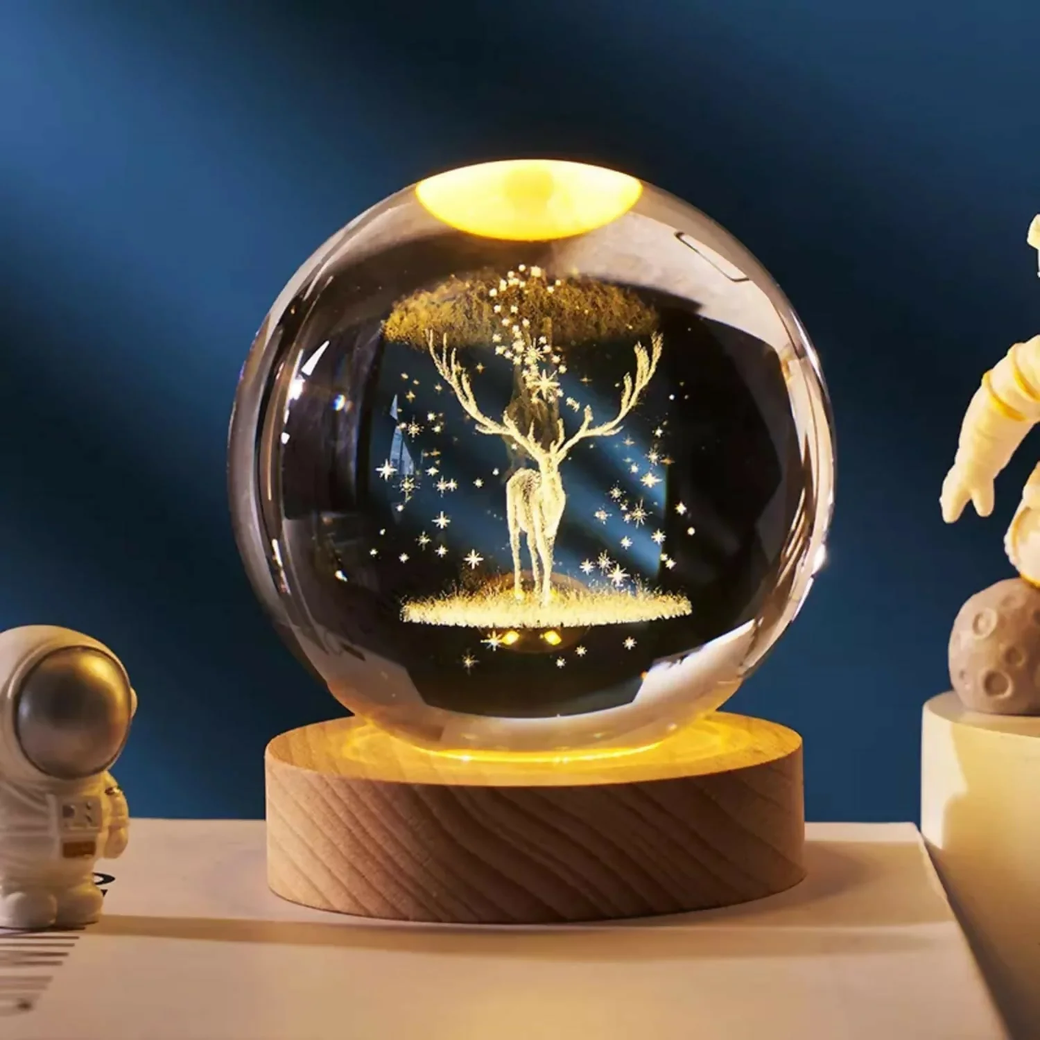 3D Crystal Ball Deer LED Lamp with Wooden Base Night Light - Image 2