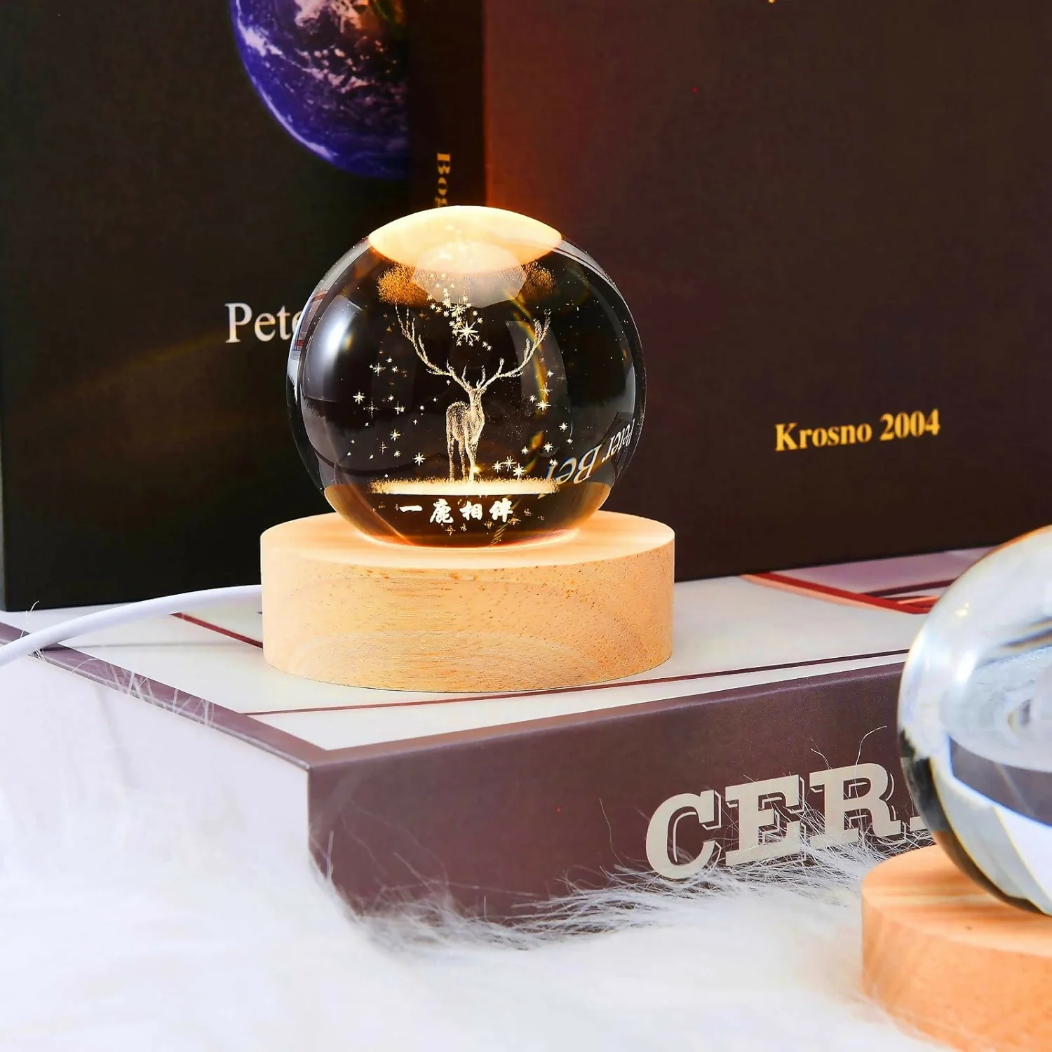 3D Crystal Ball Deer LED Lamp with Wooden Base Night Light - Image 3