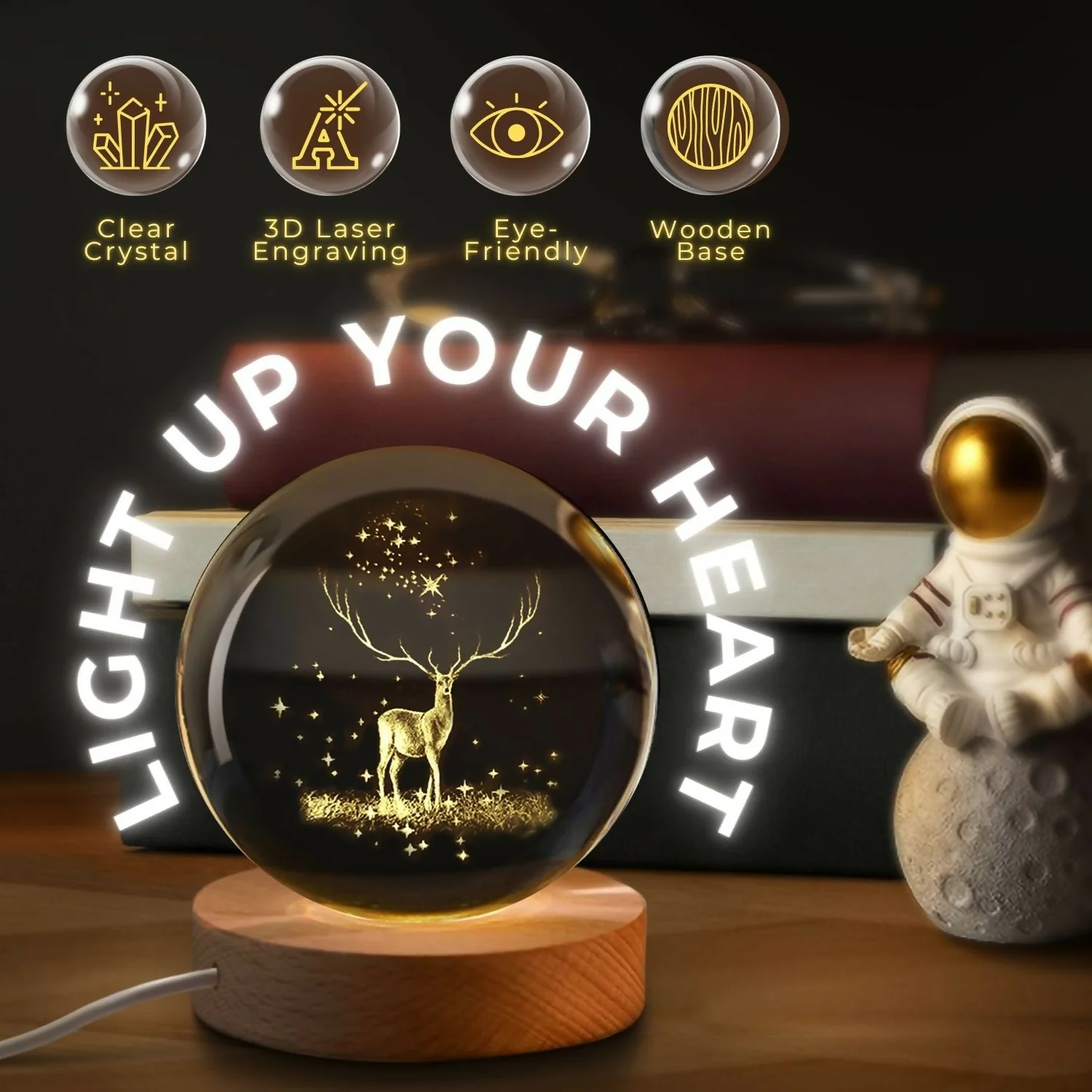 3D Crystal Ball Deer LED Lamp with Wooden Base Night Light - Image 5