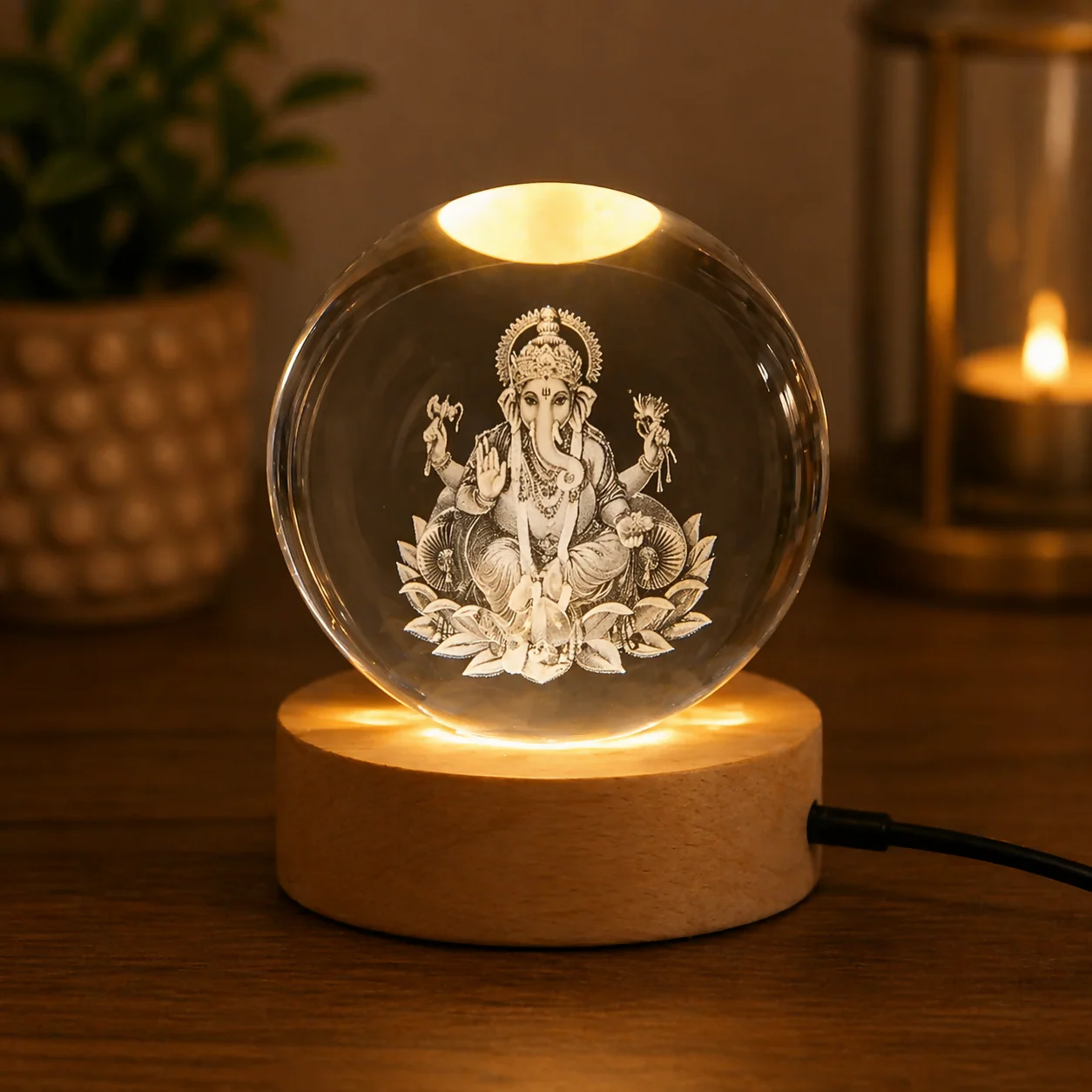 3D Crystal Ball Ganesha LED Lamp with Wooden Base - Image 2