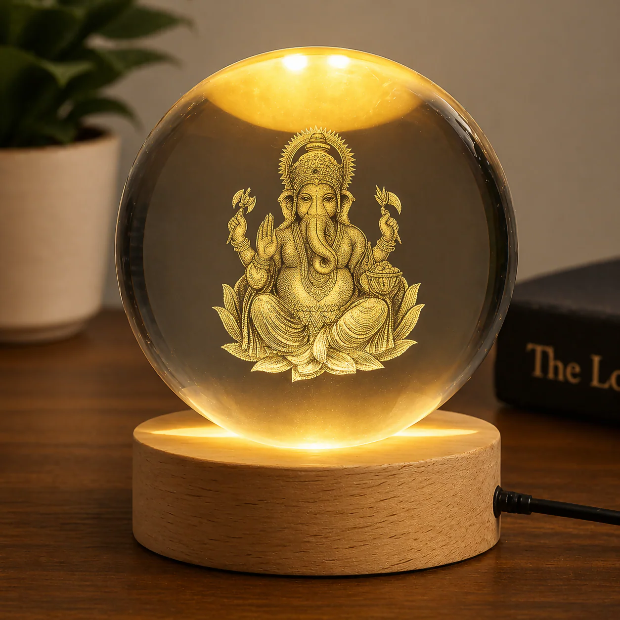 3D Crystal Ball Ganesha LED Lamp with Wooden Base - Image 3