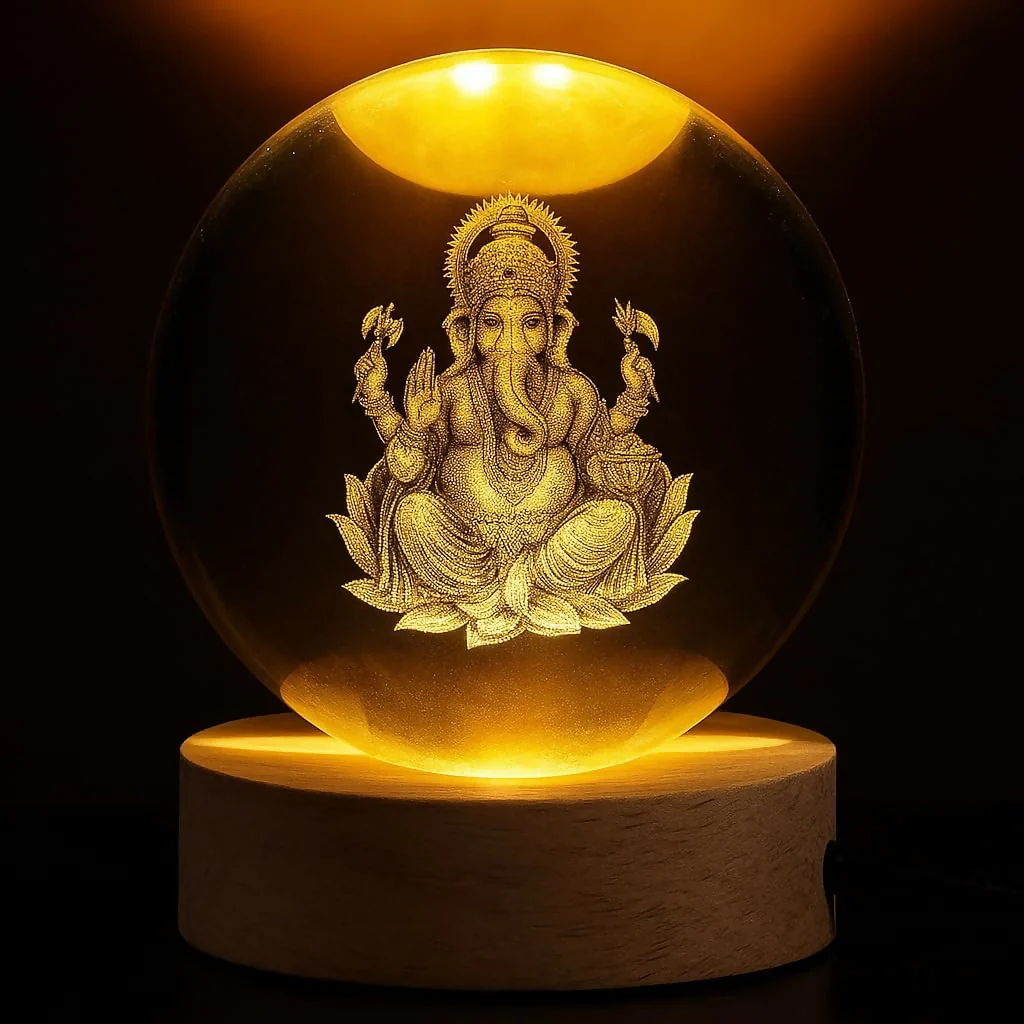 3D Crystal Ball Ganesha LED Lamp with Wooden Base - Image 4