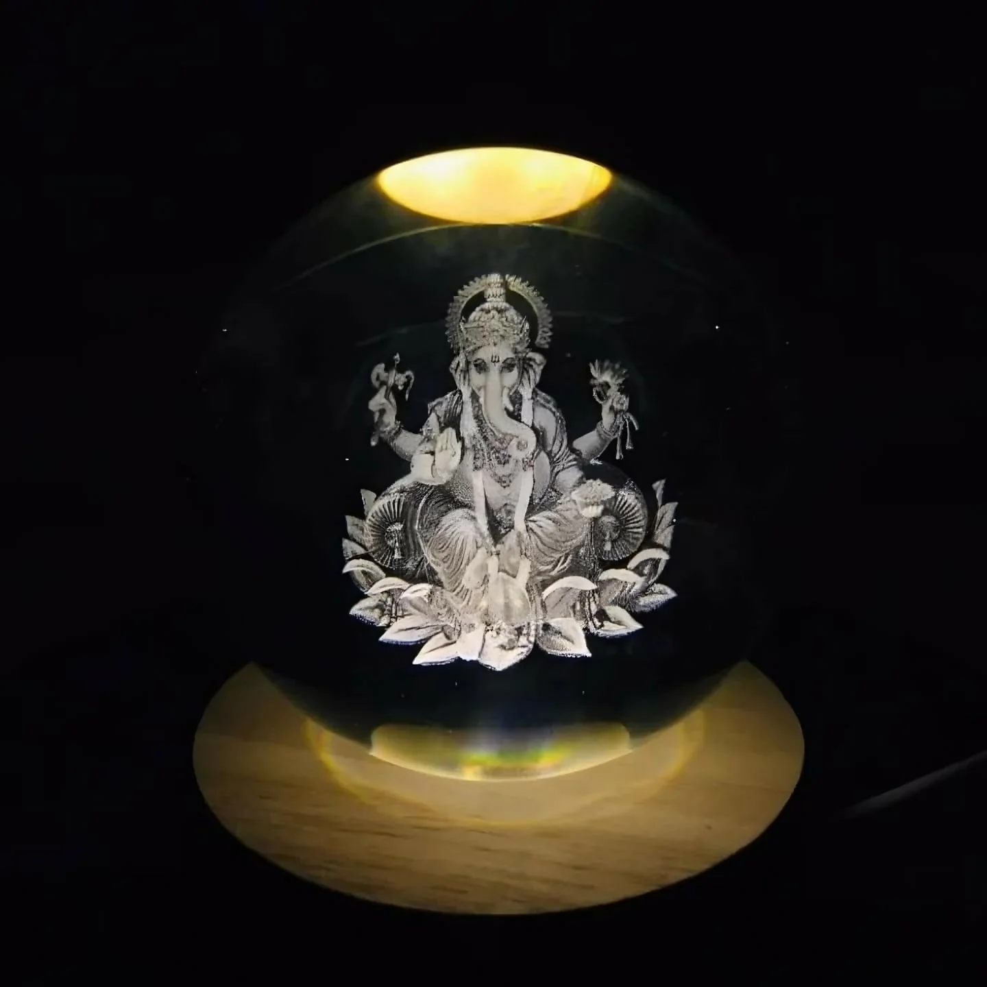 3D Crystal Ball Ganesha LED Lamp with Wooden Base - Image 5
