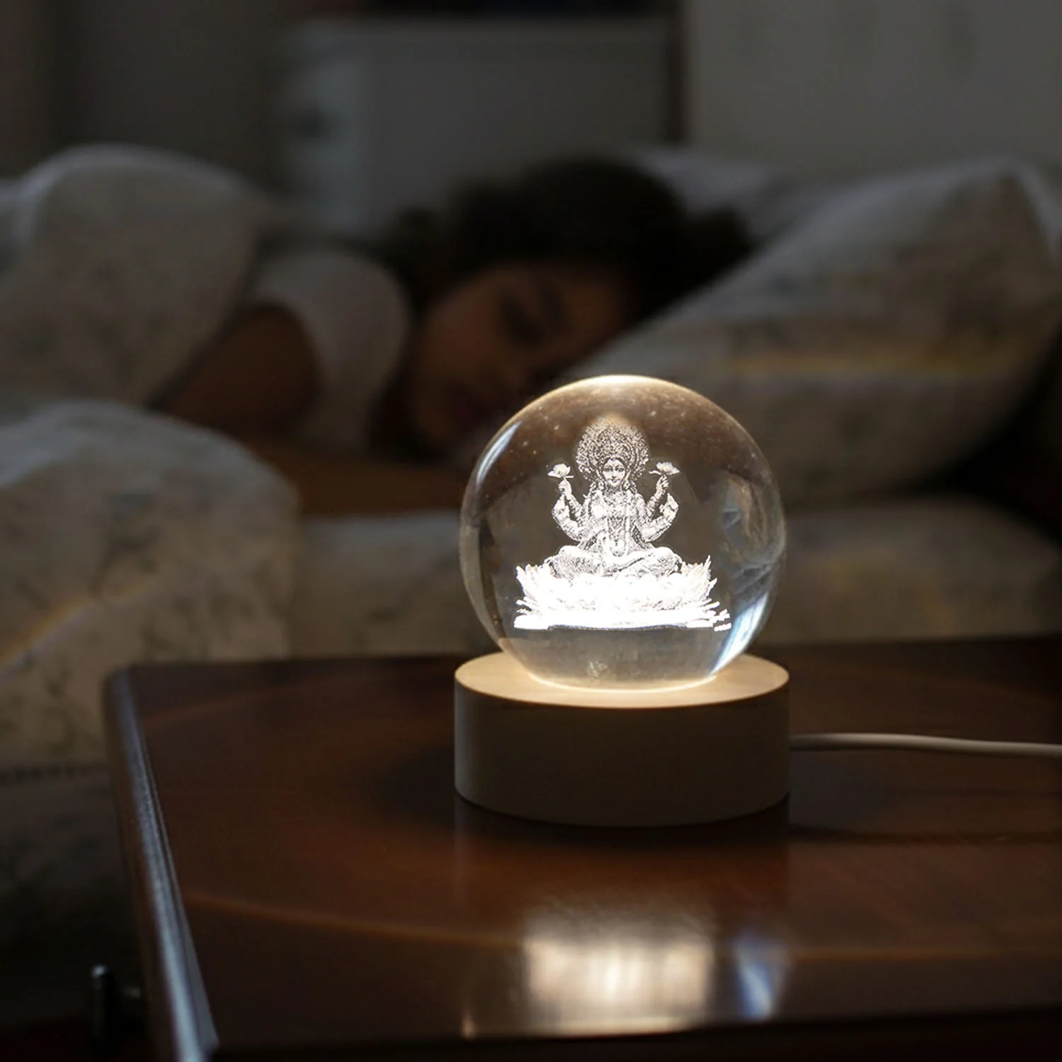 3D Crystal Lakshmi Ball LED Night Lamp with Wooden Base - Image 3