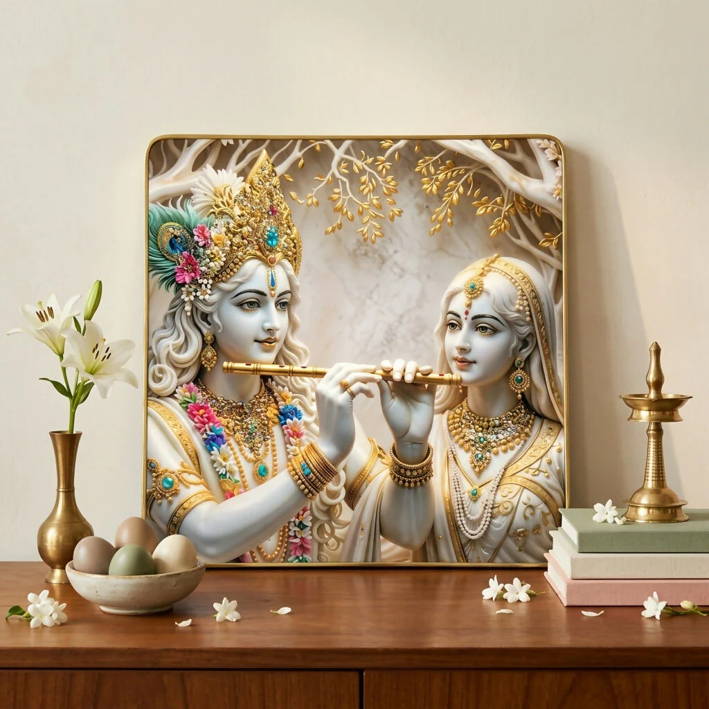 3D Radha Krishna Flute Art Crystal Wall Frame Decorative (12x12 Inch) - Image 2