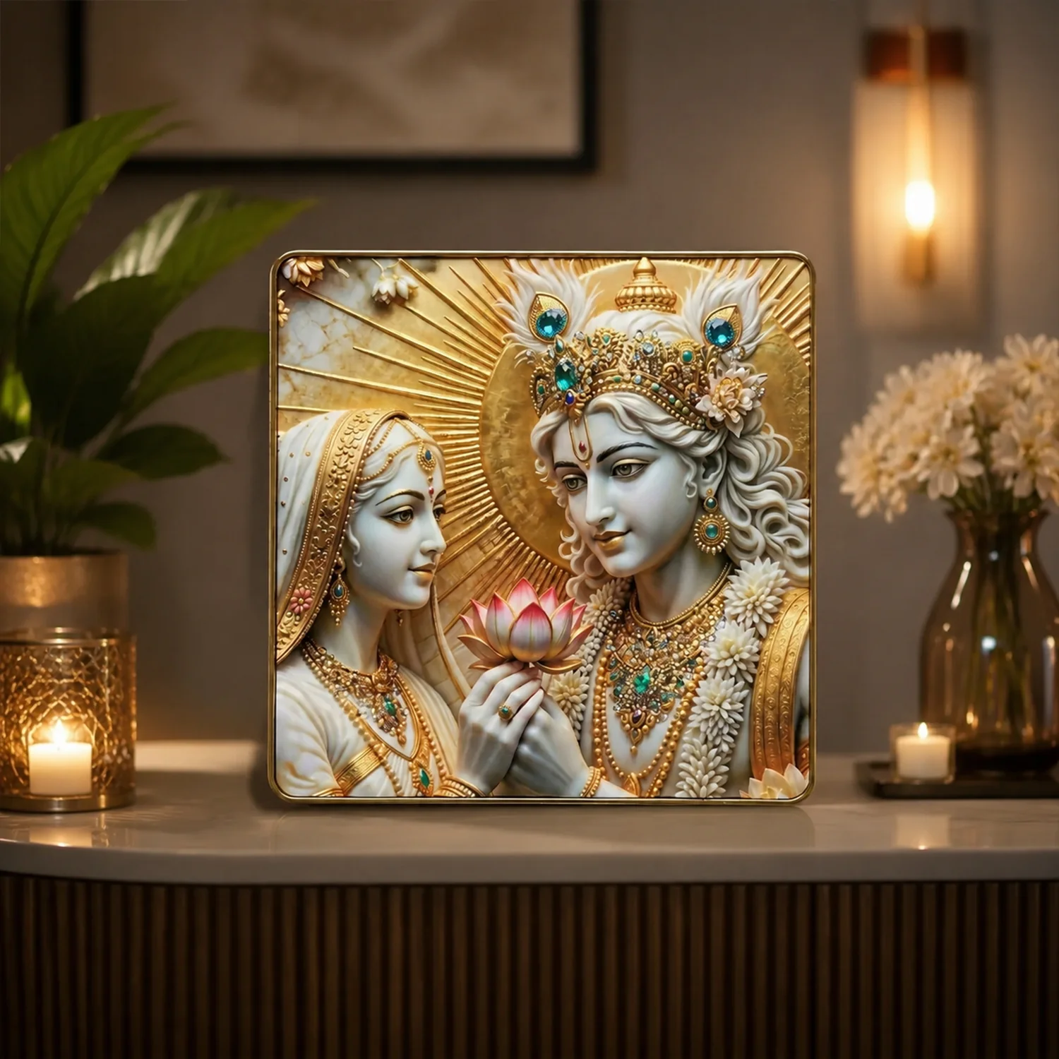 3D Radha Krishna Lotus Theme Crystal Wall Art Decorative Frame (12x12 Inch) - Image 2