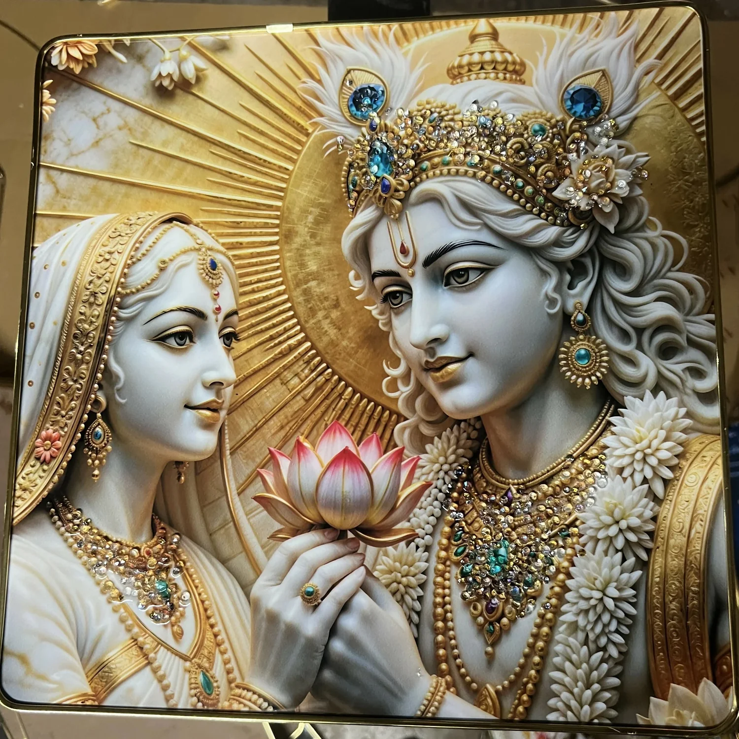 3D Radha Krishna Lotus Theme Crystal Wall Art Decorative Frame (12x12 Inch) - Image 4