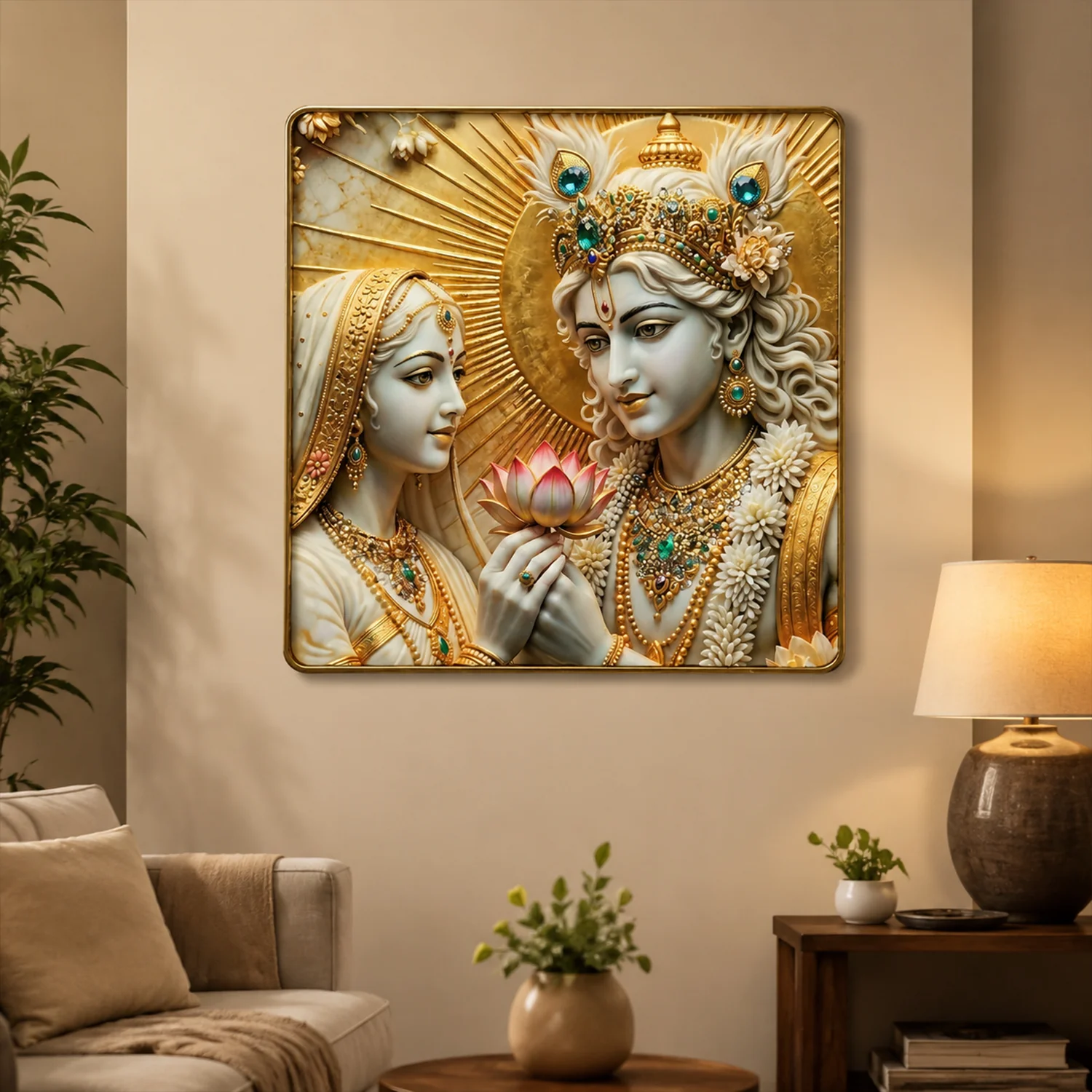 3D Radha Krishna Lotus Theme Crystal Wall Art Decorative Frame (12x12 Inch) - Image 5