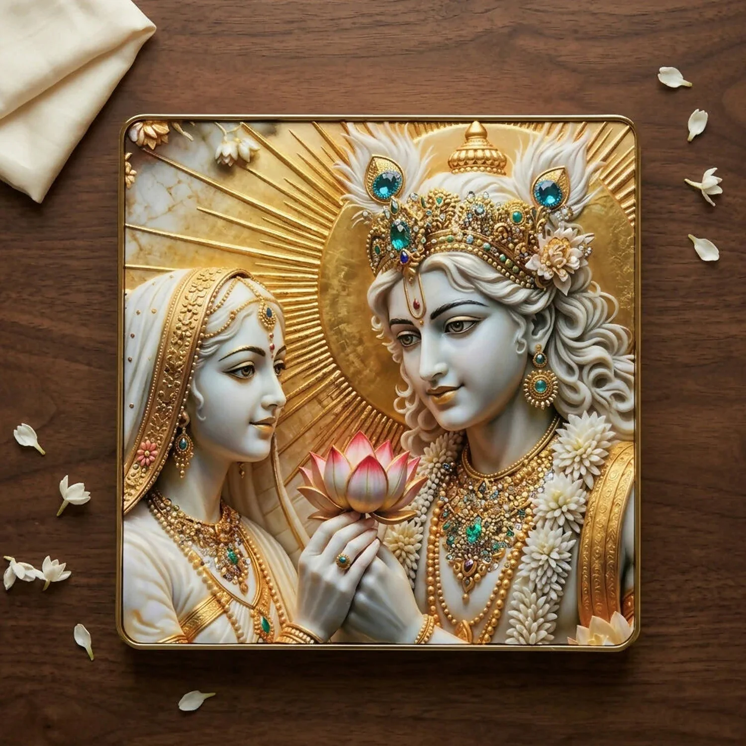 3D Radha Krishna Lotus Theme Crystal Wall Art Decorative Frame (12x12 Inch) - Image 6