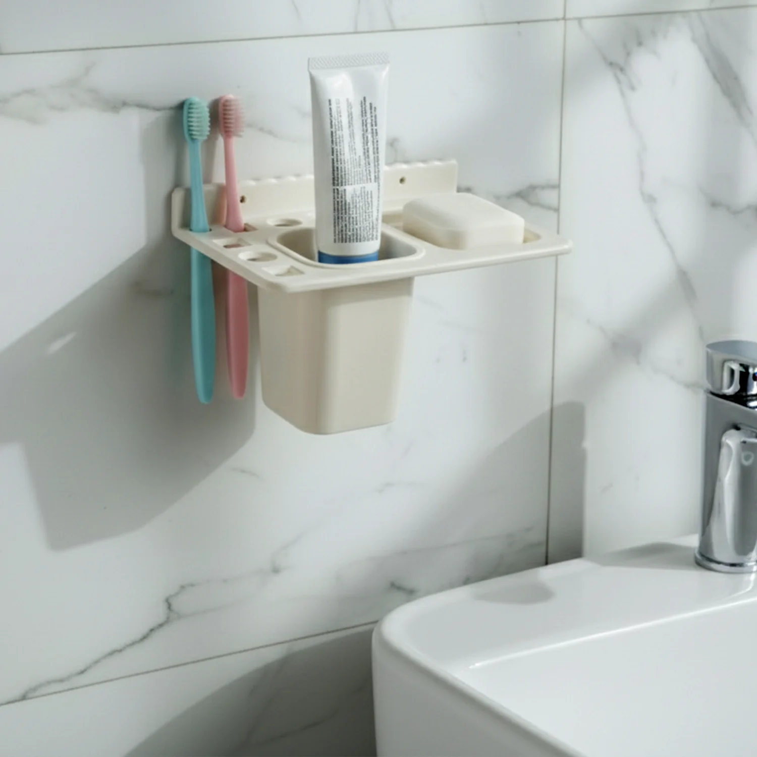 3in1 Wall Mounted Multi-Compartment Toothbrush & Soap Holder with Cup (1 Pc) - Image 6