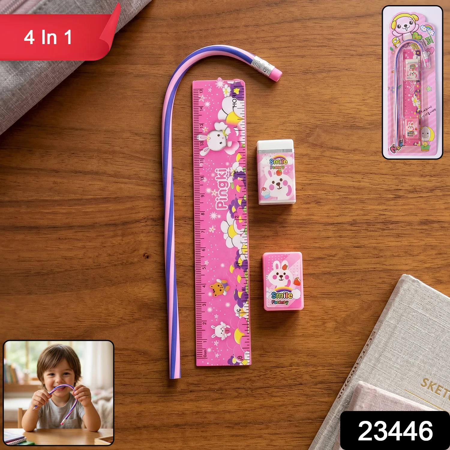 4-In-1 Cute Pink Stationery Set with Ruler, Pencil, Eraser & Sharpener - Image 2