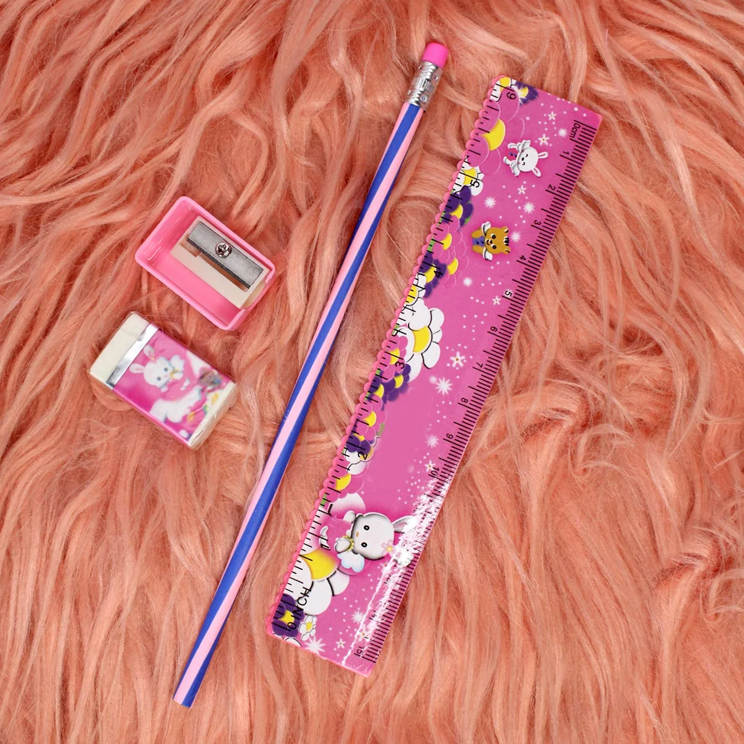 4-In-1 Cute Pink Stationery Set with Ruler, Pencil, Eraser & Sharpener - Image 3