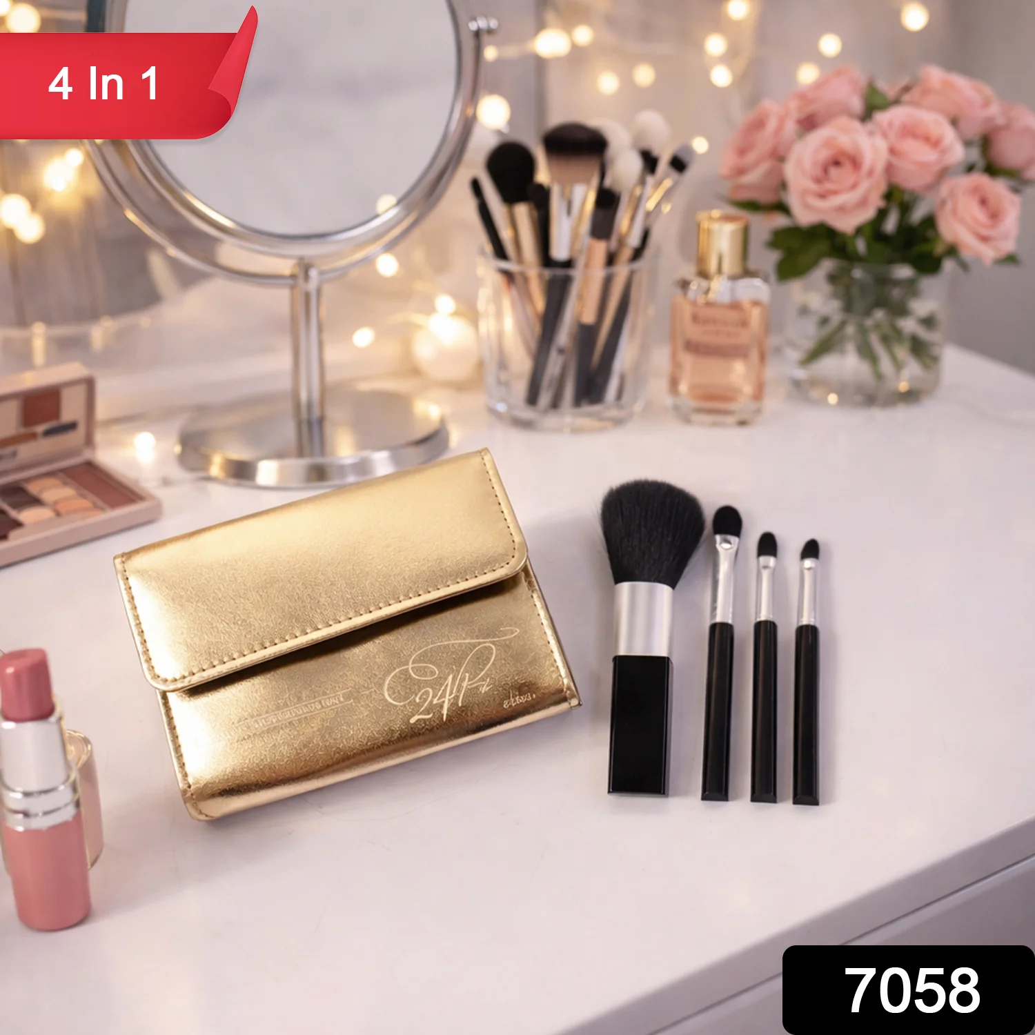 4 in 1 Professional Makeup Brush Set with Premium Storage Pouch (1 Pc) - Image 2