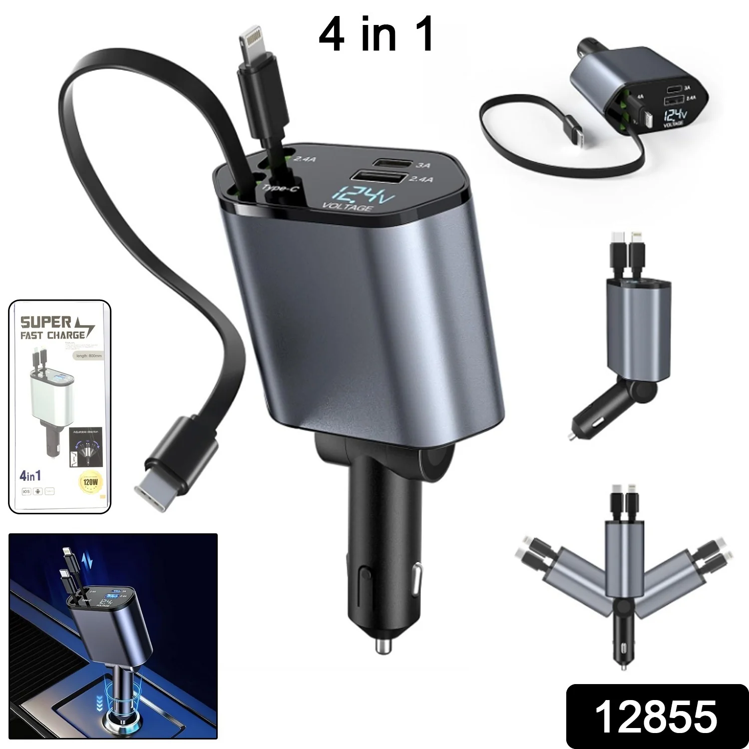 4-in-1 Super Fast Car Charger with Dual Built-In Cables, Dual USB Ports, - Image 2