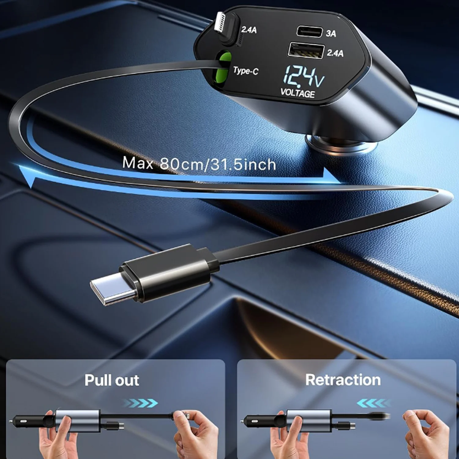 4-in-1 Super Fast Car Charger with Dual Built-In Cables, Dual USB Ports, - Image 3