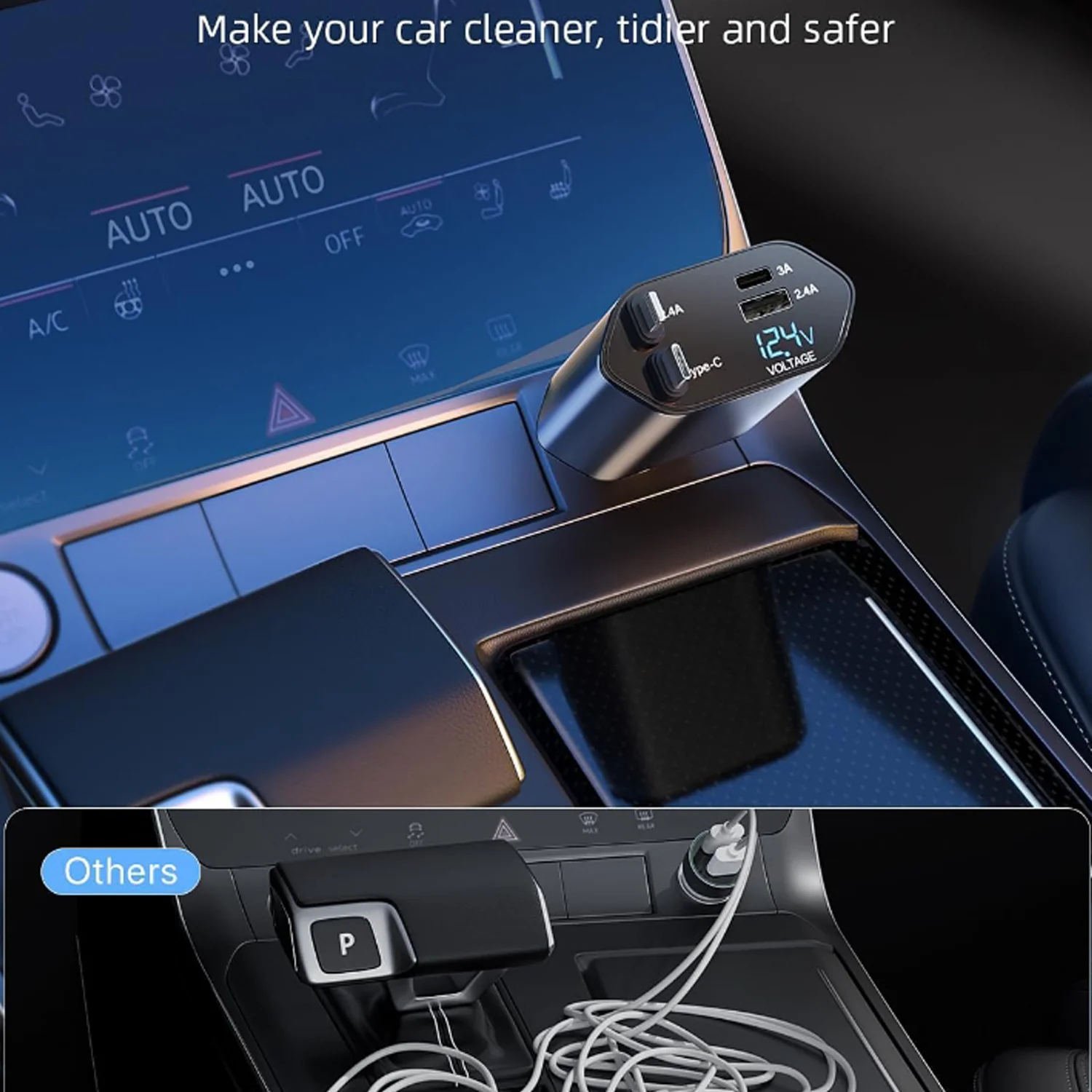4-in-1 Super Fast Car Charger with Dual Built-In Cables, Dual USB Ports, - Image 4