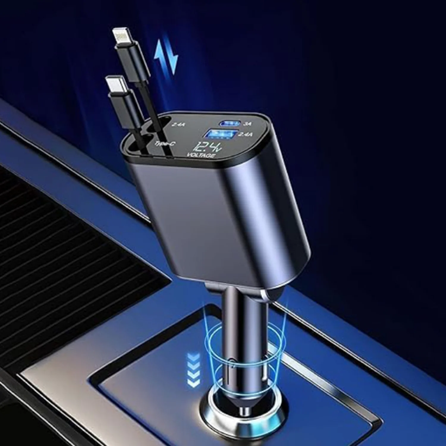 4-in-1 Super Fast Car Charger with Dual Built-In Cables, Dual USB Ports, - Image 7