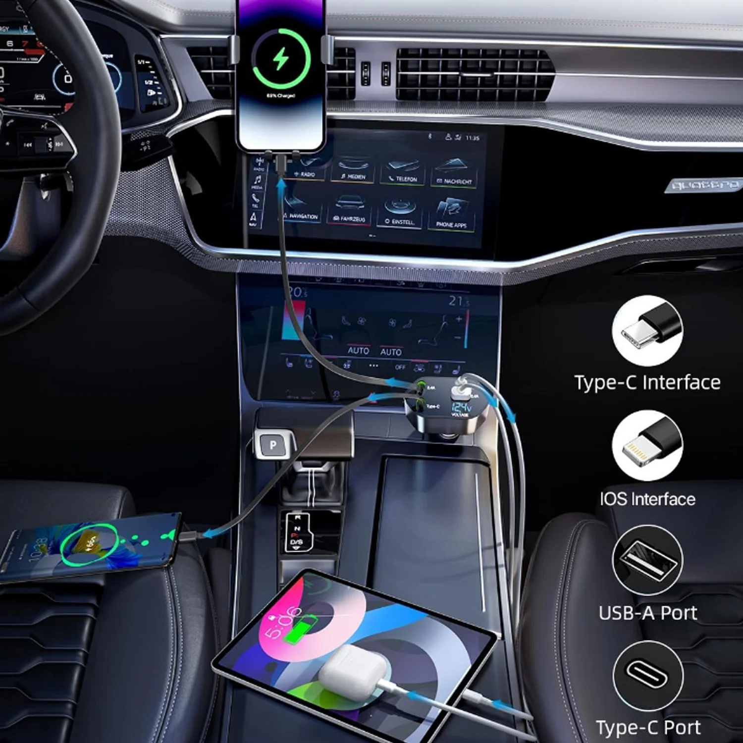 4-in-1 Super Fast Car Charger with Dual Built-In Cables, Dual USB Ports, - Image 8