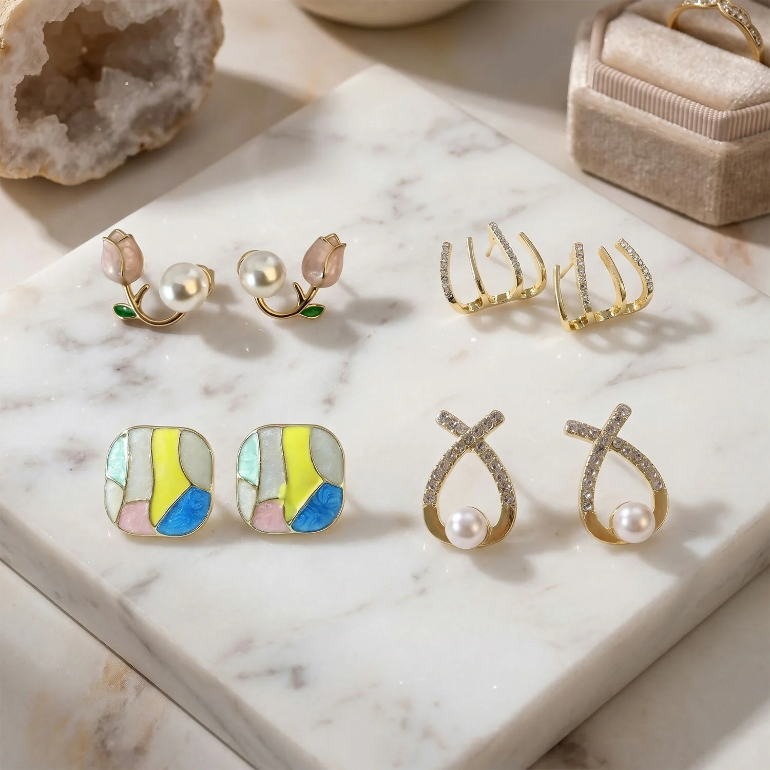 4 Pairs Korean Style Earrings Set for Women | Pearl, Stud & Zircon Combo - Image 2