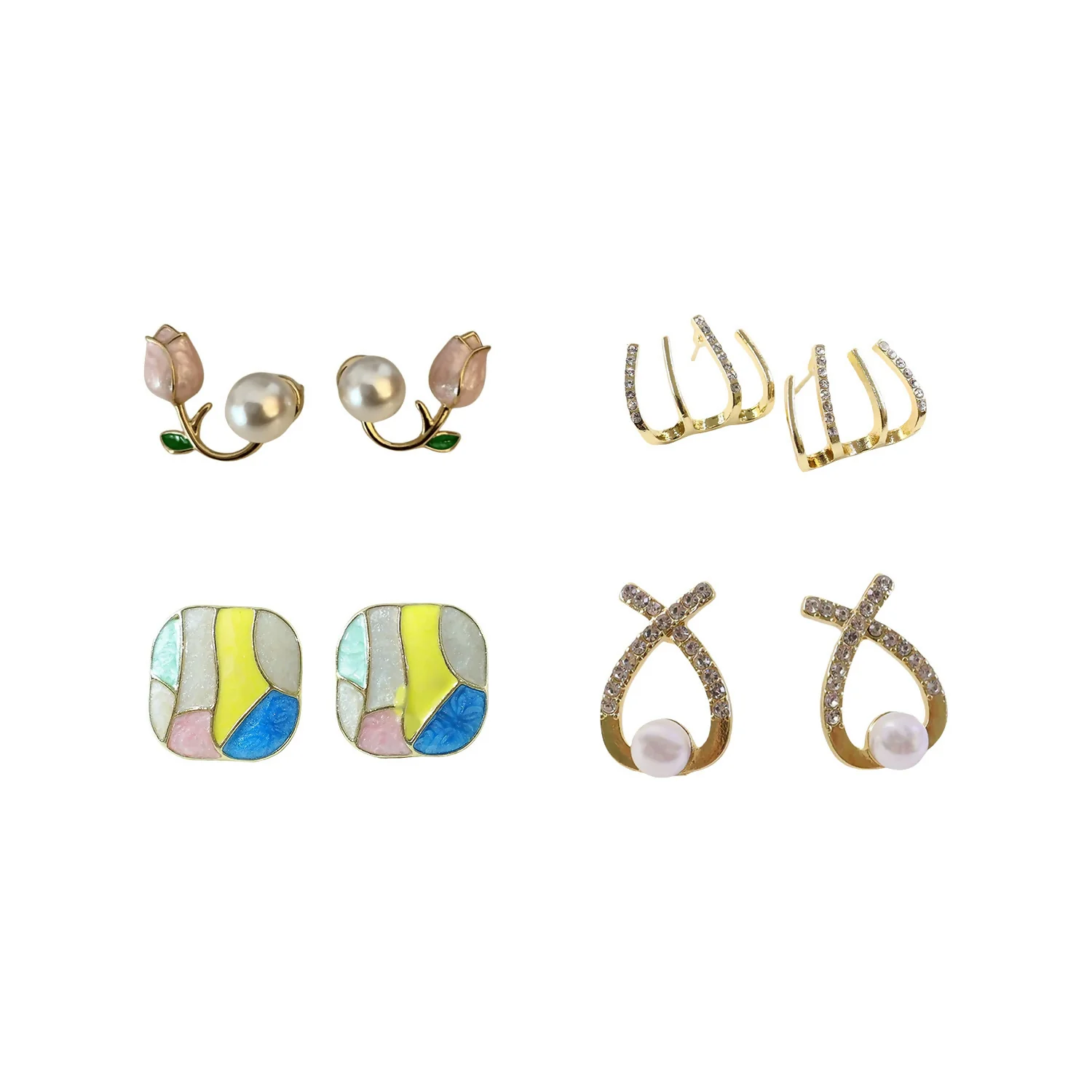 4 Pairs Korean Style Earrings Set for Women | Pearl, Stud & Zircon Combo - Image 6