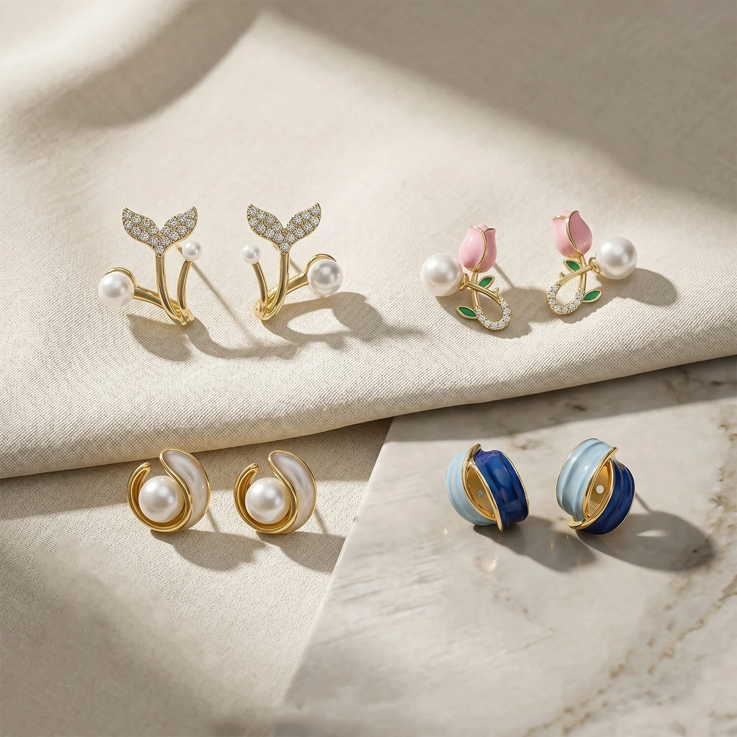 4 Pairs Korean Style Earrings Set for Women | Pearl, Stud & Zircon Combo - Image 3