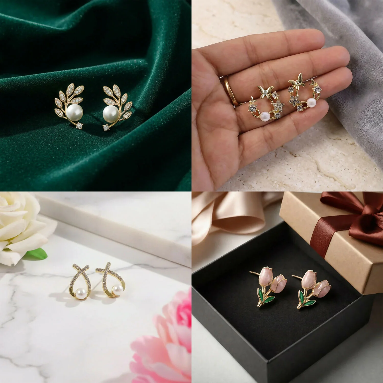 4 Pairs Korean Style Earrings Set for Women | Pearl, Stud & Zircon Combo - Image 2