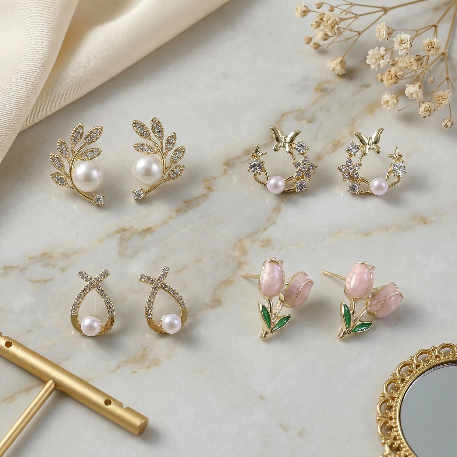 4 Pairs Korean Style Earrings Set for Women | Pearl, Stud & Zircon Combo - Image 3