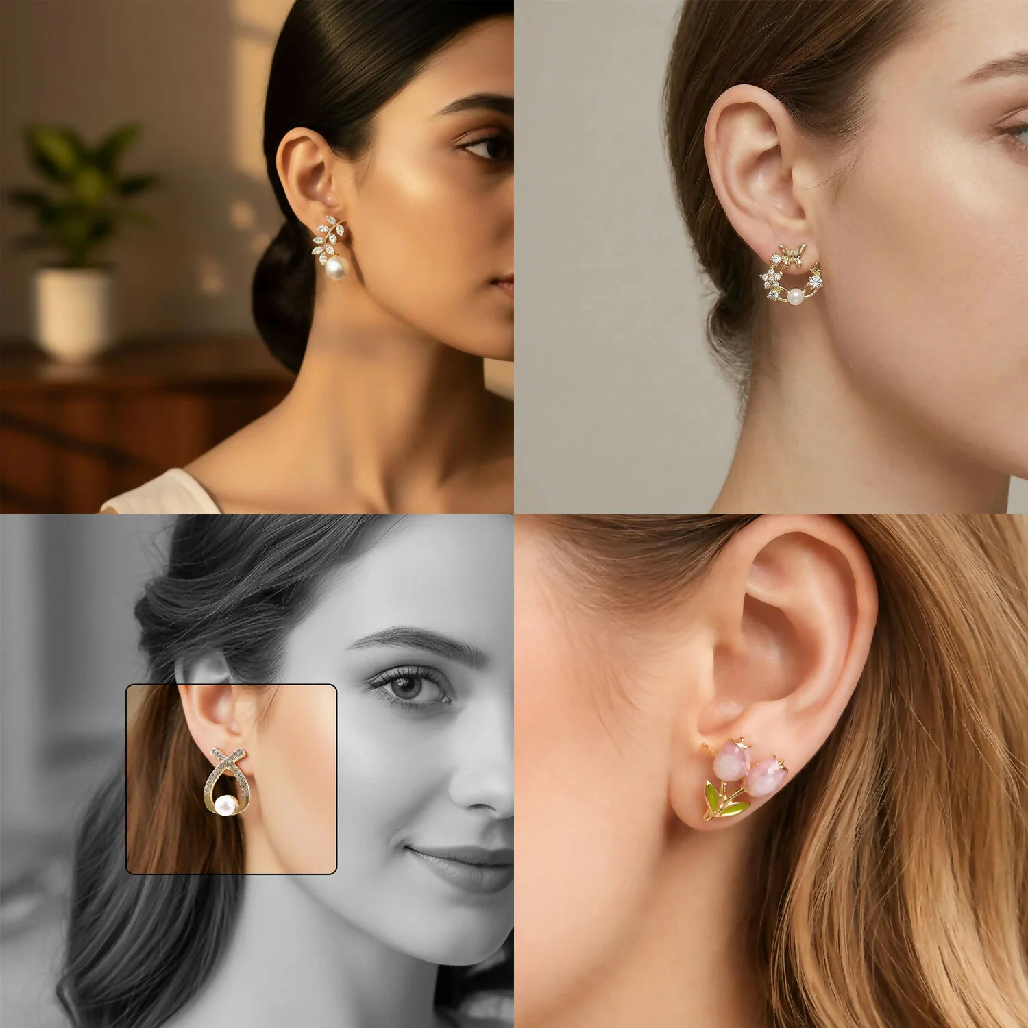4 Pairs Korean Style Earrings Set for Women | Pearl, Stud & Zircon Combo - Image 4