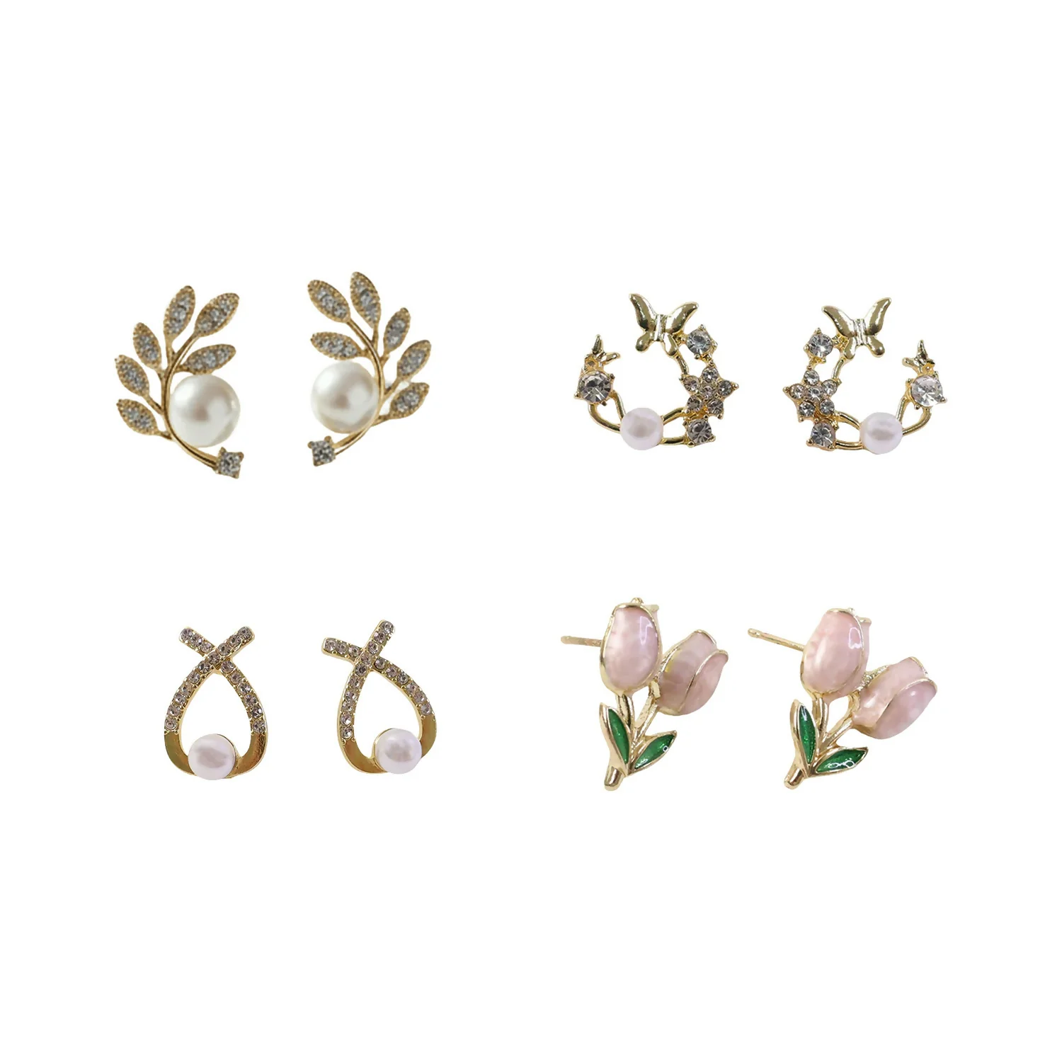 4 Pairs Korean Style Earrings Set for Women | Pearl, Stud & Zircon Combo - Image 5