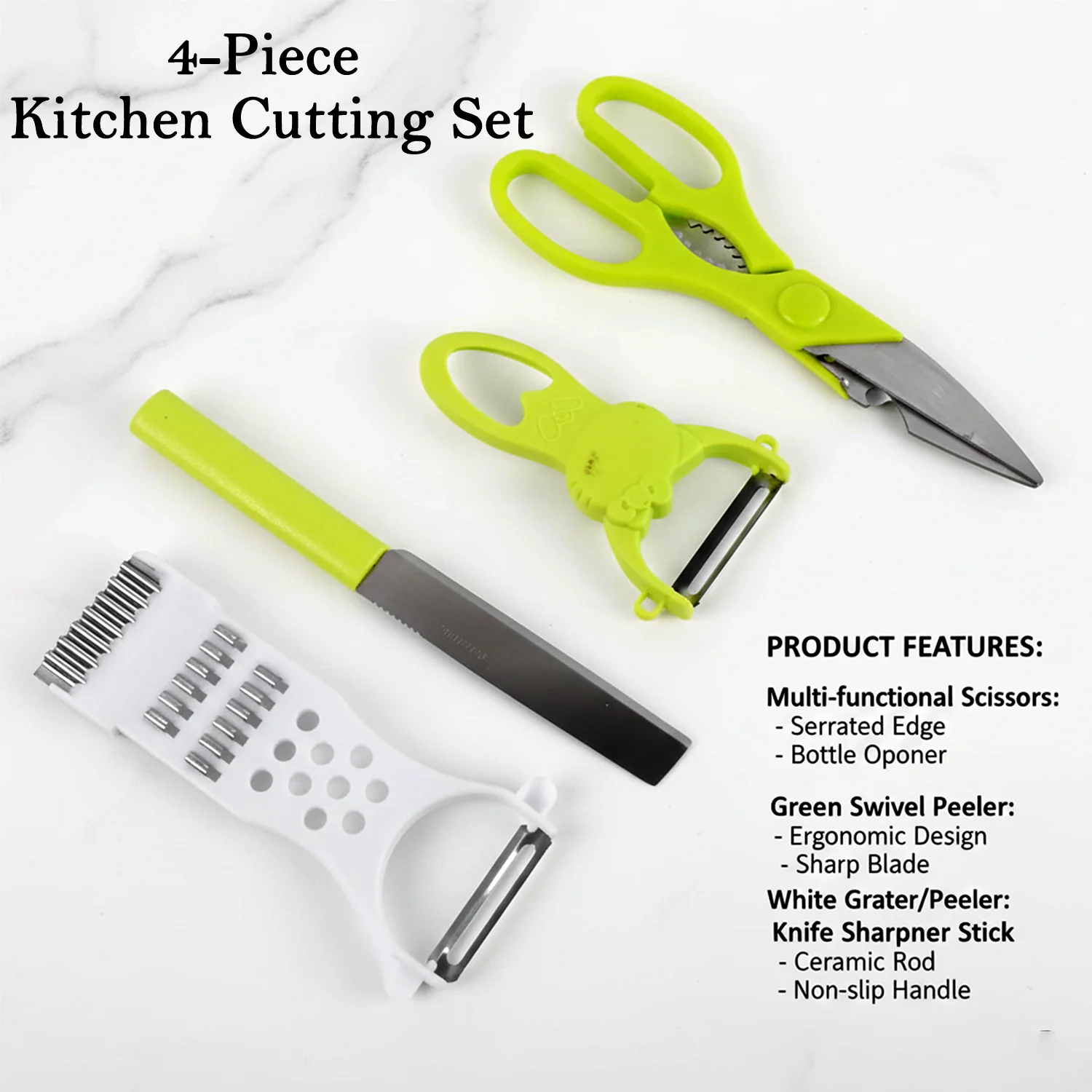 4-Piece Kitchen Cutting Set: Scissors, Peeler, Grater / Slicer, and Knife - Image 4