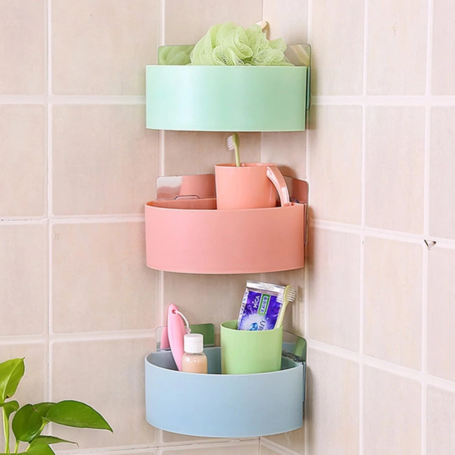 Corner Shelf Bathroom Kitchen Rack Self Adhesive Wall Mount Storage Basket - Image 3