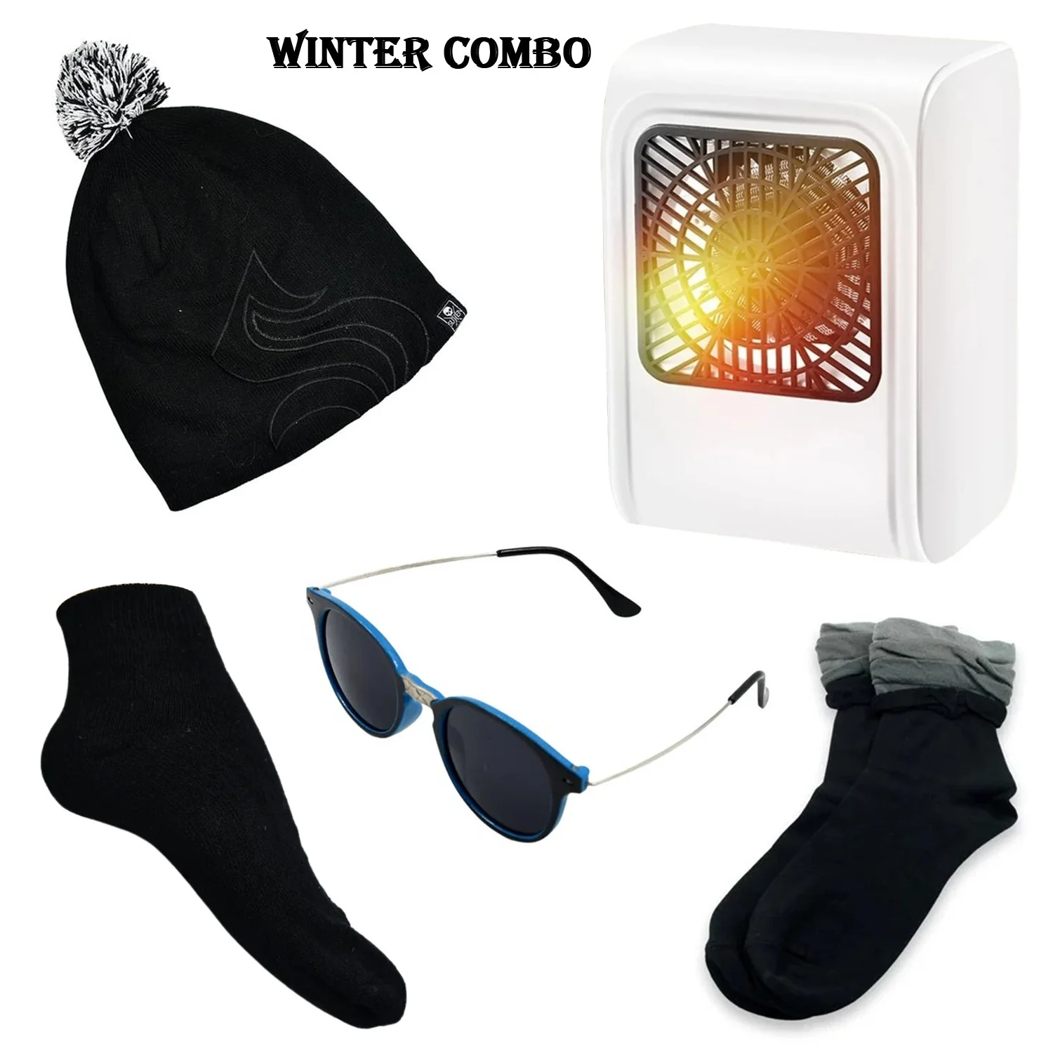 Winter Warm Set- Bennie hat, Room Heater, Sunglasses And Socks (5 Pcs Combo) - Image 2